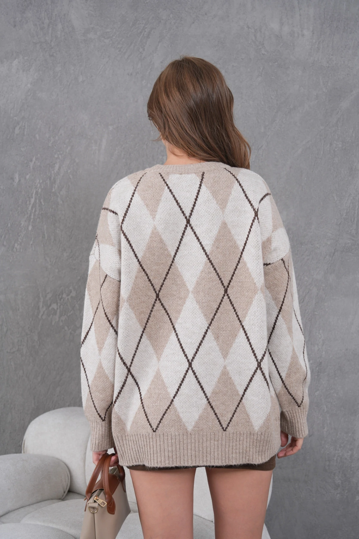 Kadın Bisiklet Yaka Baklava Desenli Yumuşak Dokulu Salaş Triko Kazak