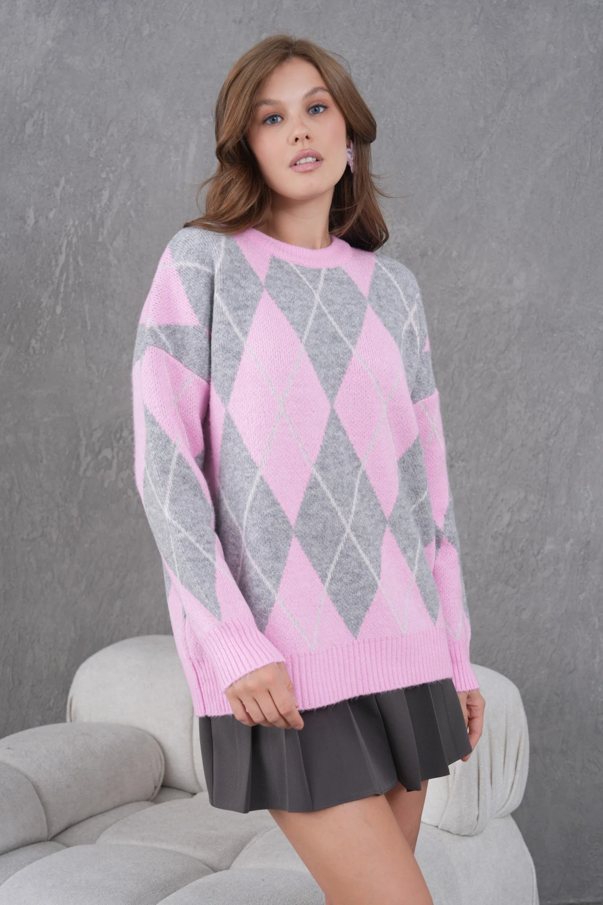 Kadın Bisiklet Yaka Baklava Desenli Yumuşak Dokulu Salaş Triko Kazak