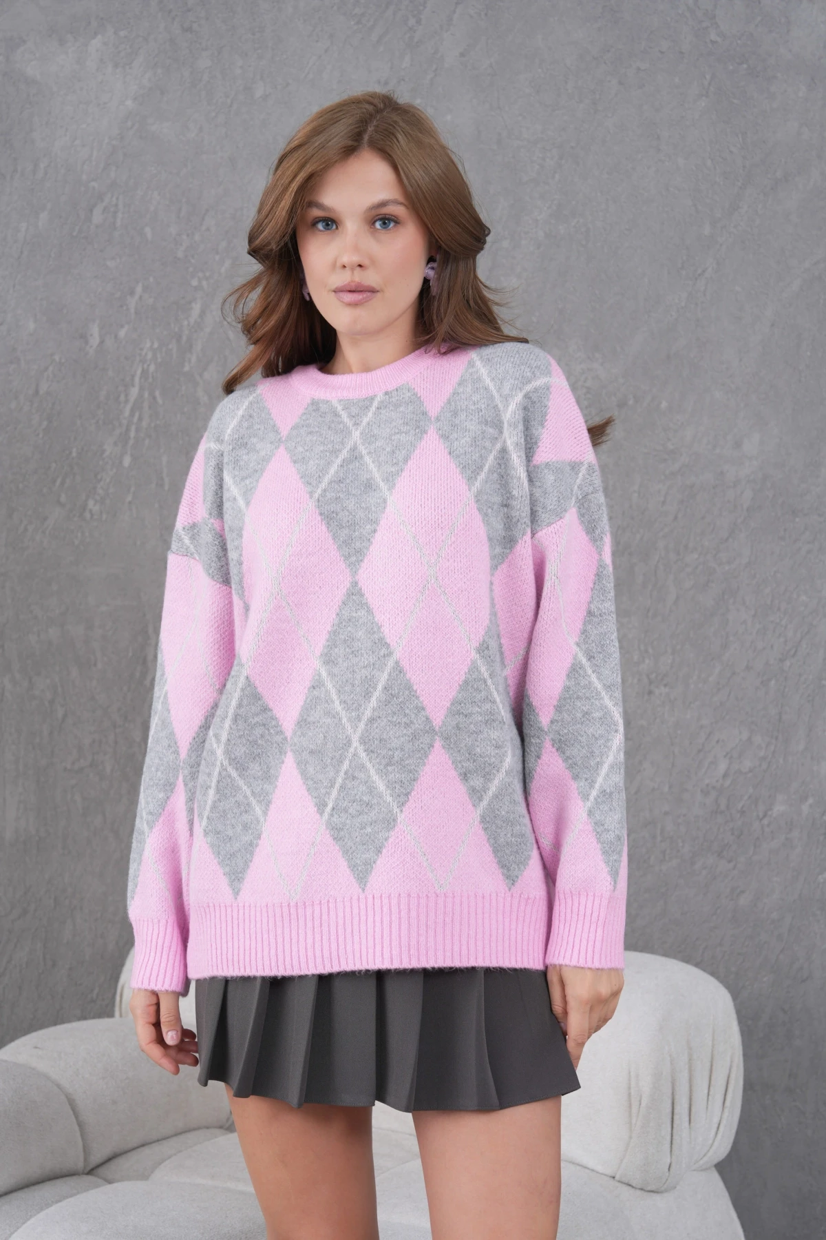 Kadın Bisiklet Yaka Baklava Desenli Yumuşak Dokulu Salaş Triko Kazak