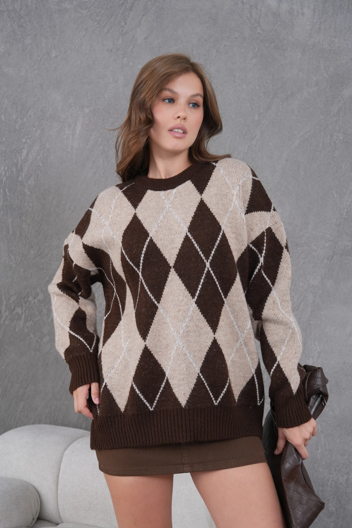 Kadın Bisiklet Yaka Baklava Desenli Yumuşak Dokulu Salaş Triko Kazak