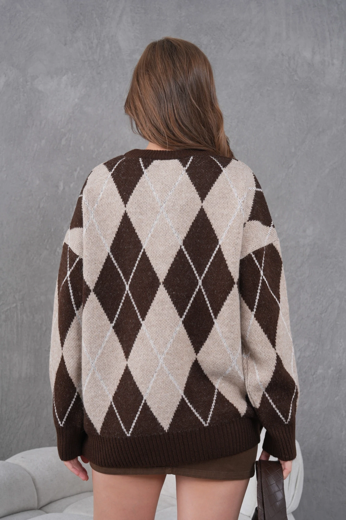 Kadın Bisiklet Yaka Baklava Desenli Yumuşak Dokulu Salaş Triko Kazak