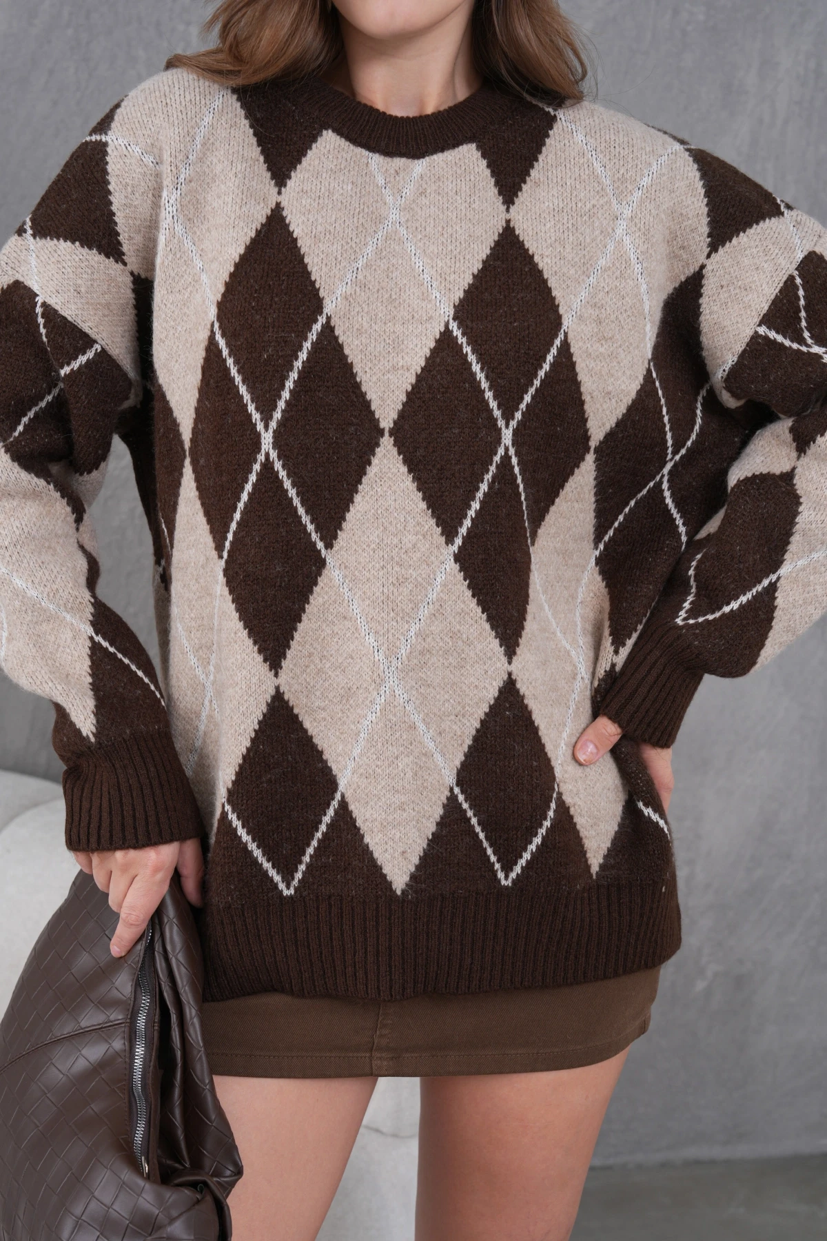 Kadın Bisiklet Yaka Baklava Desenli Yumuşak Dokulu Salaş Triko Kazak