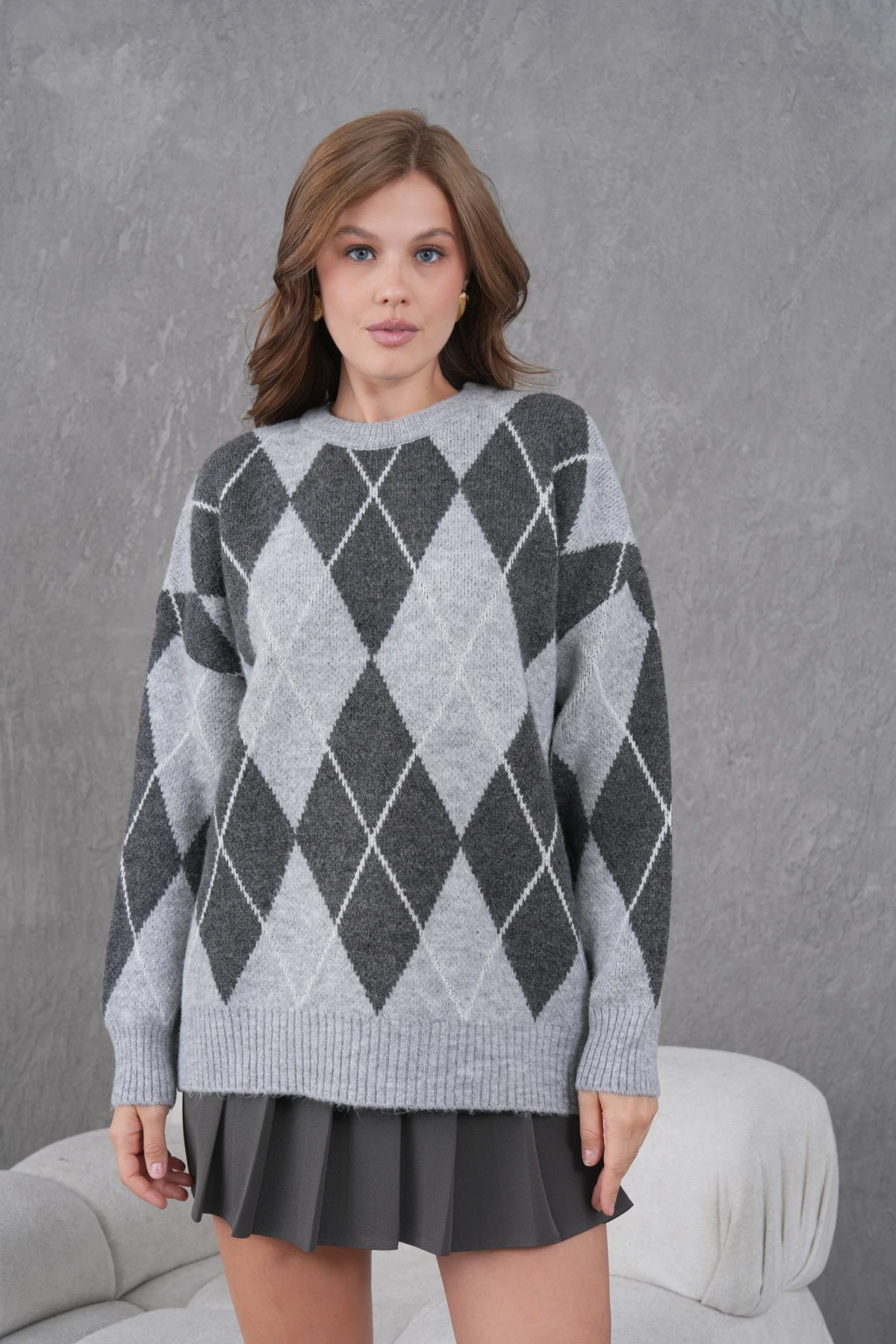 Kadın Bisiklet Yaka Baklava Desenli Yumuşak Dokulu Salaş Triko Kazak