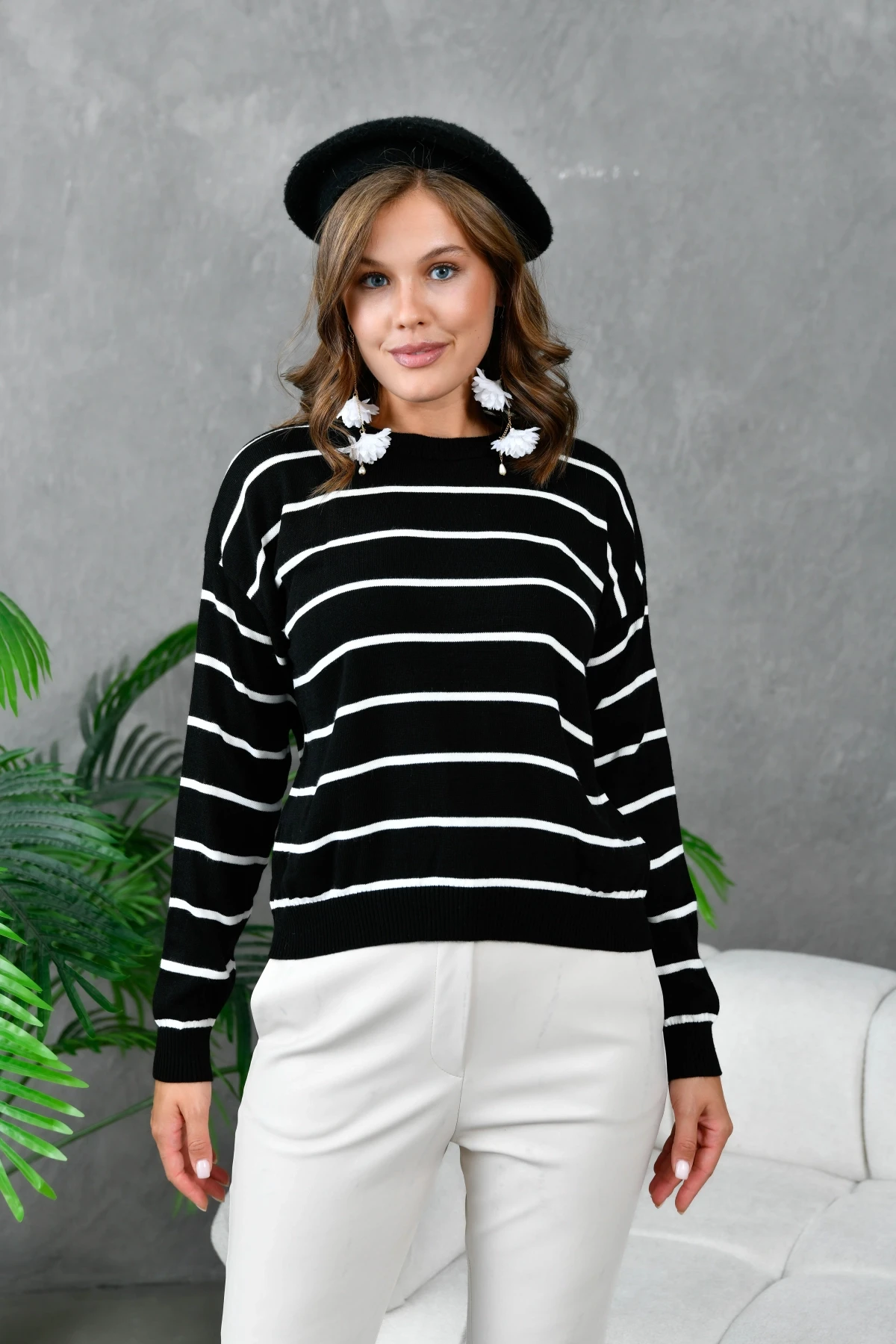 Kadın Bisiklet Yaka Çizgili Triko Kazak 214248