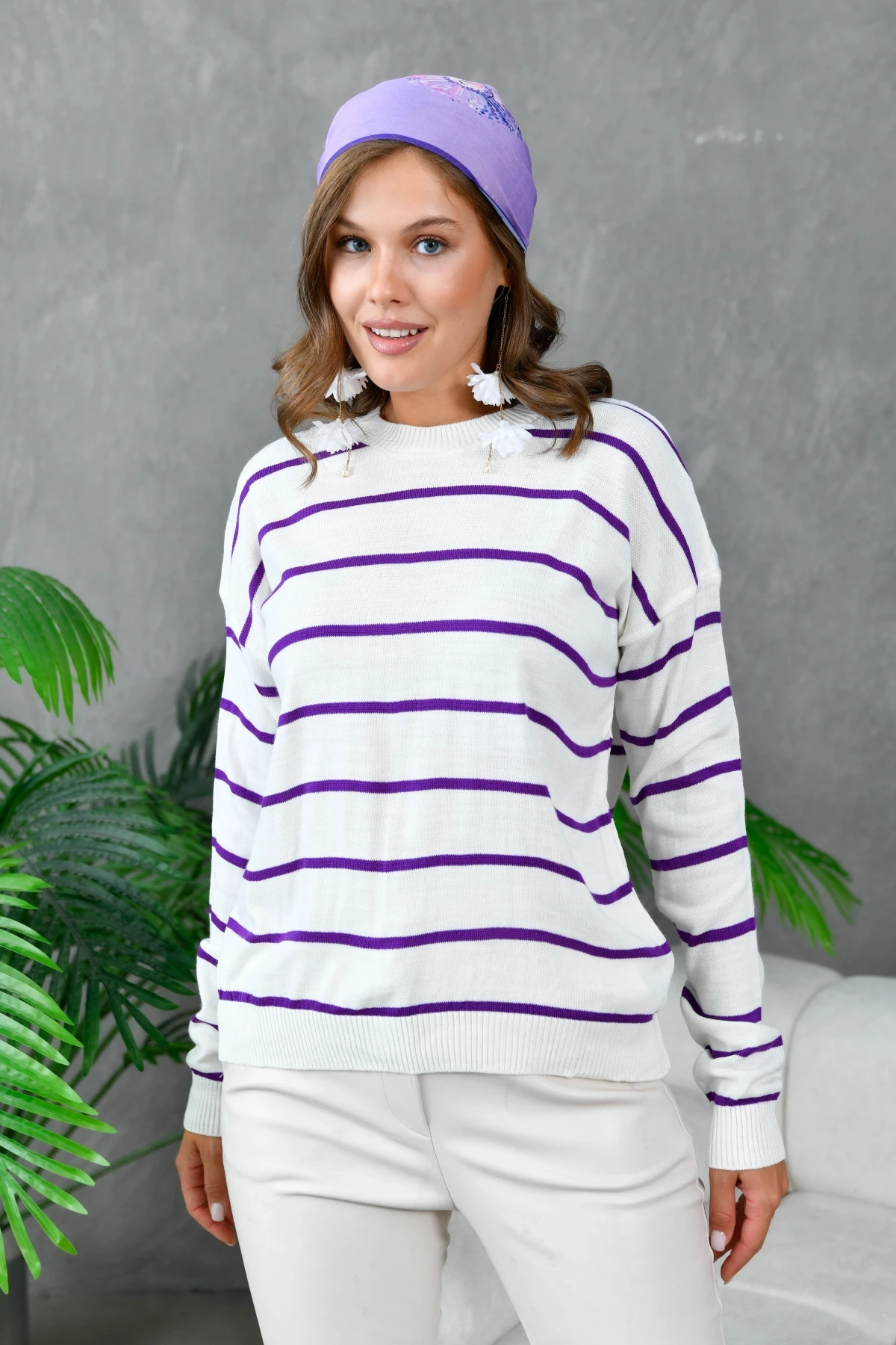 Kadın Bisiklet Yaka Çizgili Triko Kazak 214248