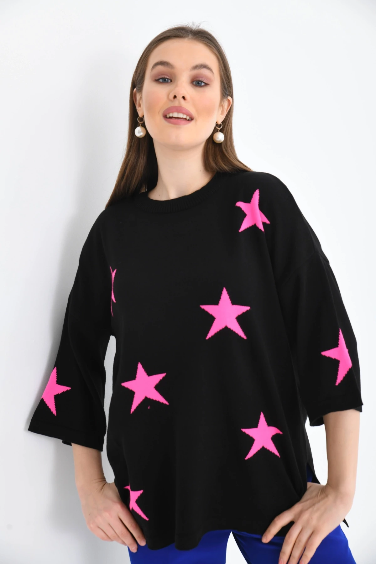 Kadın Bisiklet Yaka Desenli Oversize Yırtmaçlı Triko Kazak