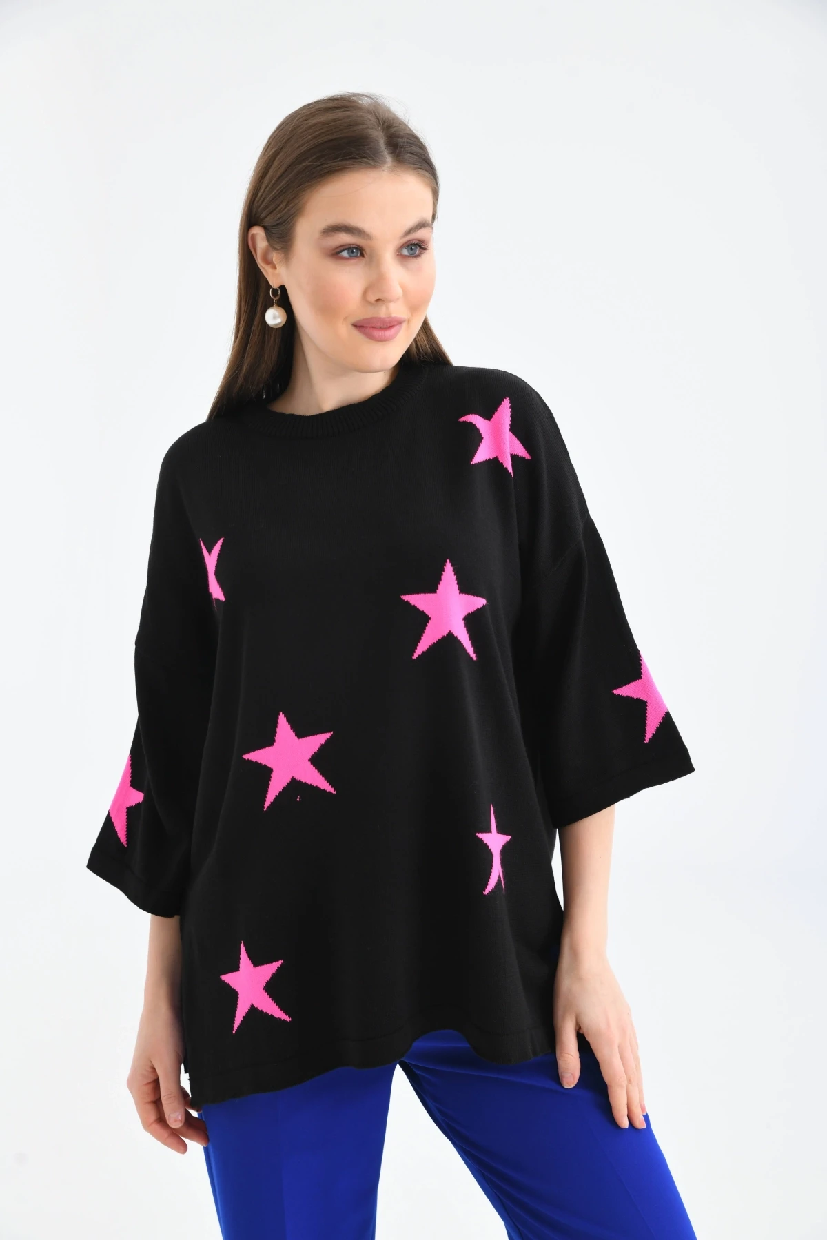 Kadın Bisiklet Yaka Desenli Oversize Yırtmaçlı Triko Kazak