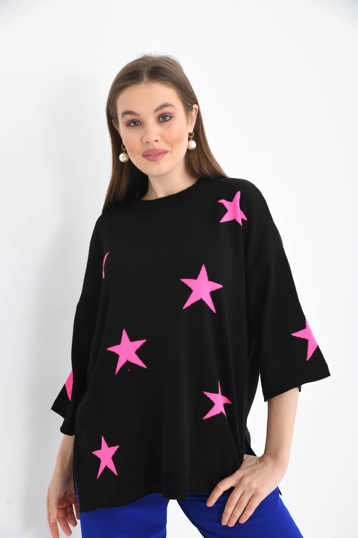 Kadın Bisiklet Yaka Desenli Oversize Yırtmaçlı Triko Kazak