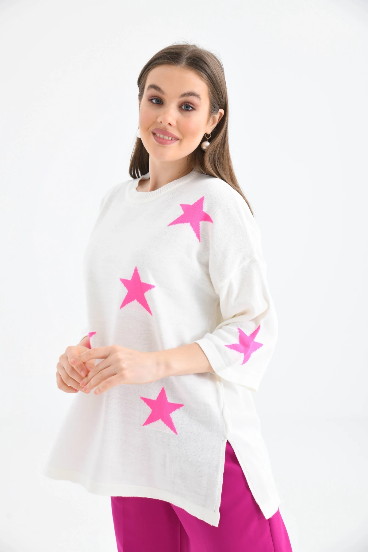 Kadın Bisiklet Yaka Desenli Oversize Yırtmaçlı Triko Kazak