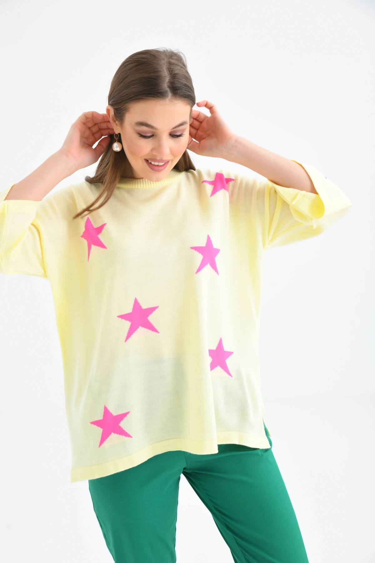 Kadın Bisiklet Yaka Desenli Oversize Yırtmaçlı Triko Kazak