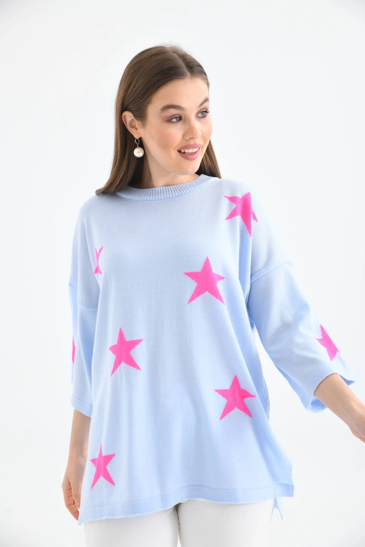 Kadın Bisiklet Yaka Desenli Oversize Yırtmaçlı Triko Kazak