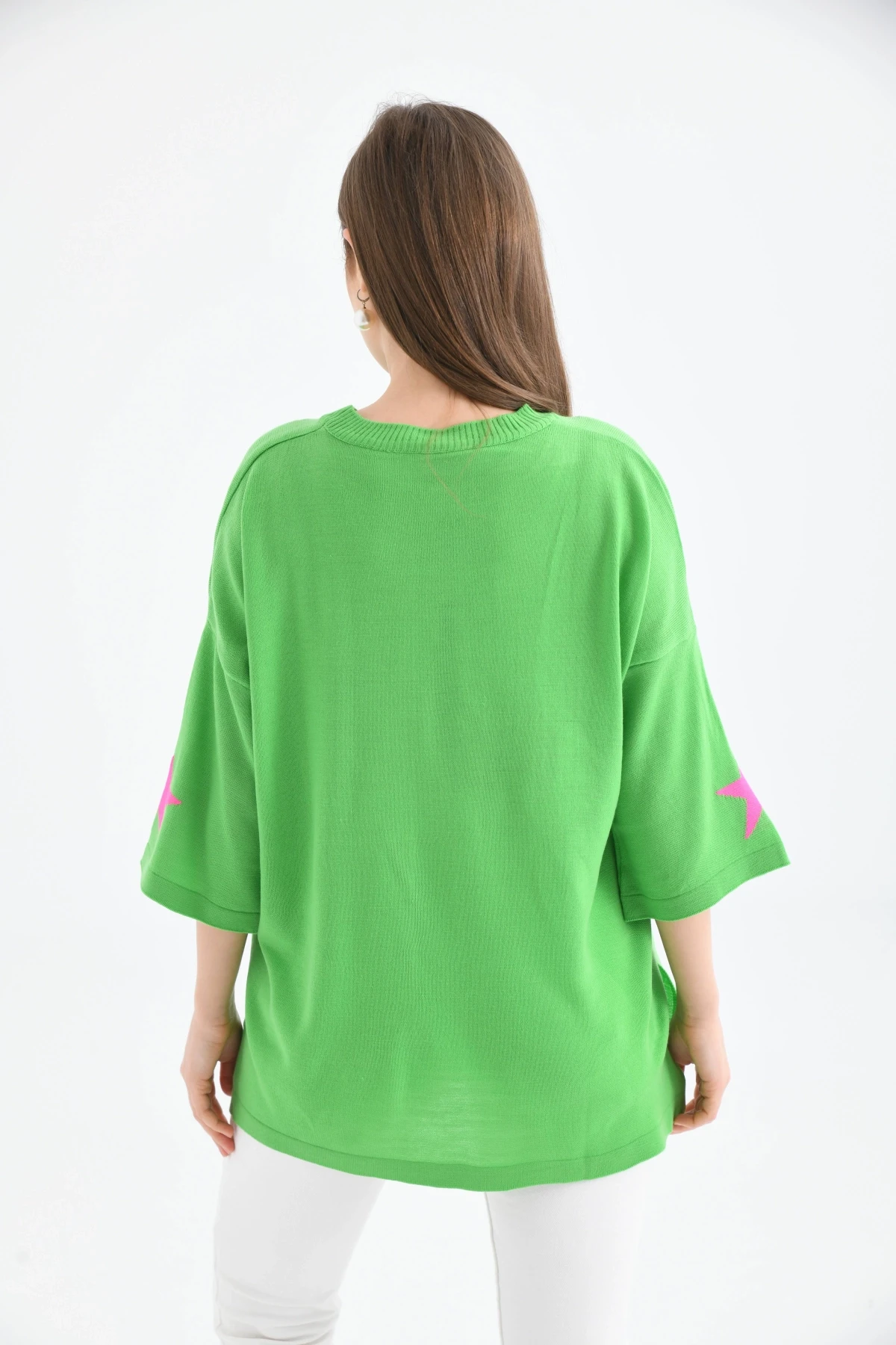 Kadın Bisiklet Yaka Desenli Oversize Yırtmaçlı Triko Kazak