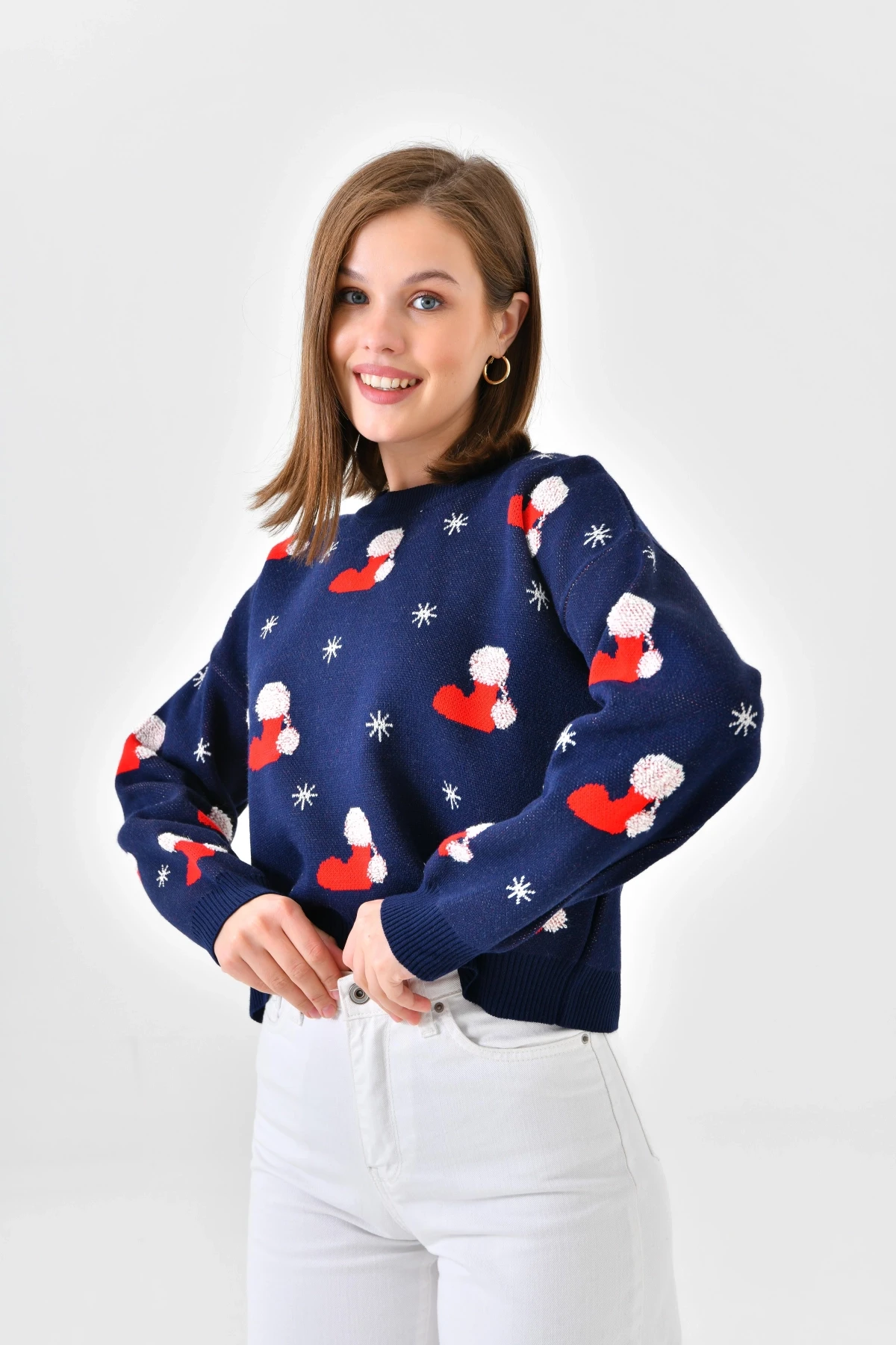 Kadın Bisiklet Yaka Desenli Simli Triko Kazak 10563