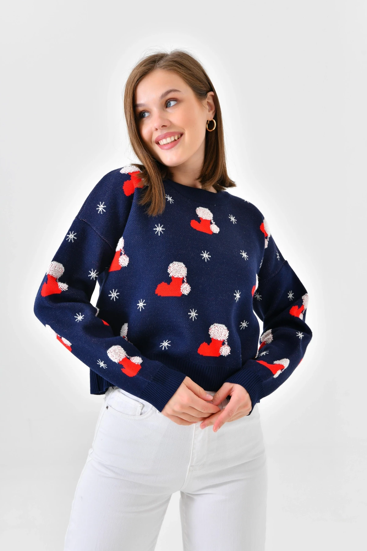 Kadın Bisiklet Yaka Desenli Simli Triko Kazak 10563