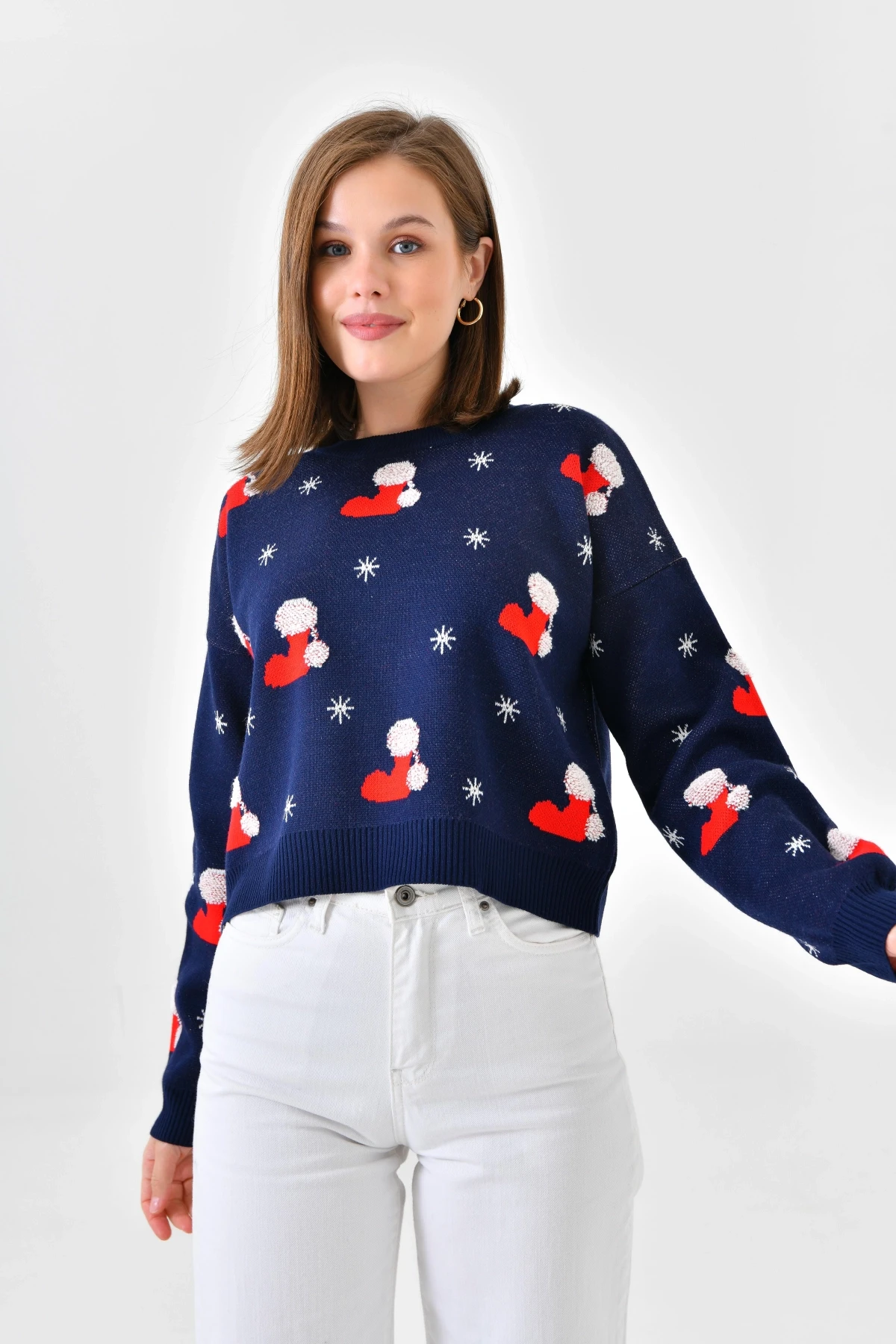 Kadın Bisiklet Yaka Desenli Simli Triko Kazak 10563