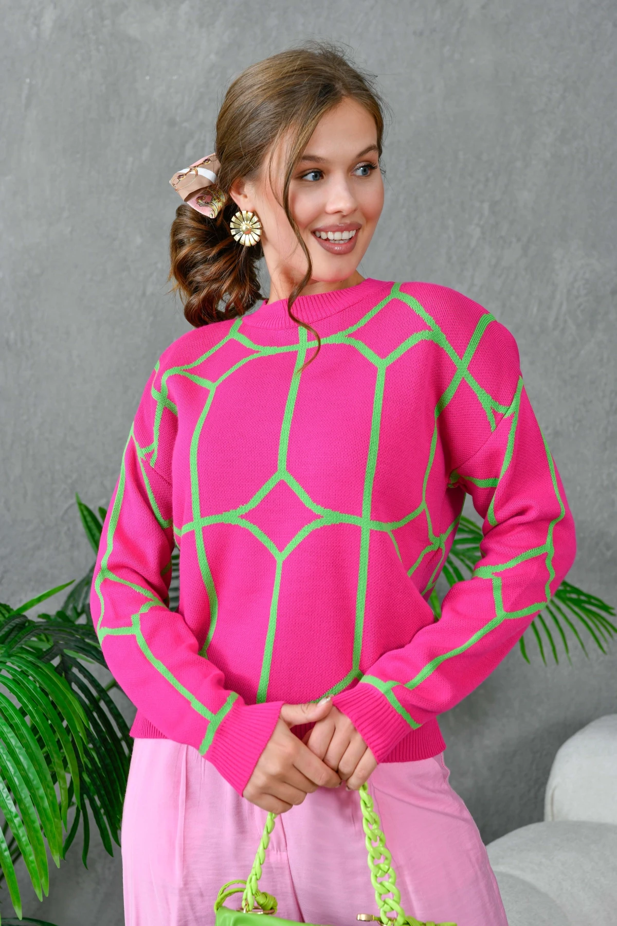 Kadın Bisiklet Yaka Desenli Triko Kazak