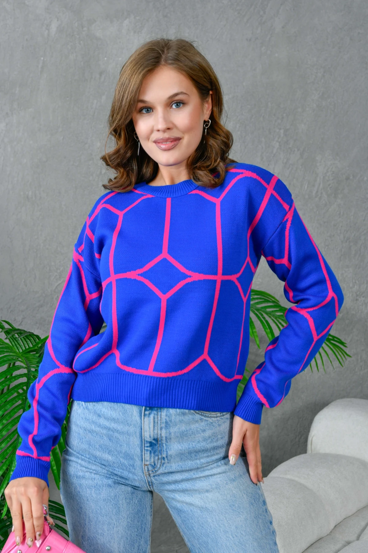 Kadın Bisiklet Yaka Desenli Triko Kazak