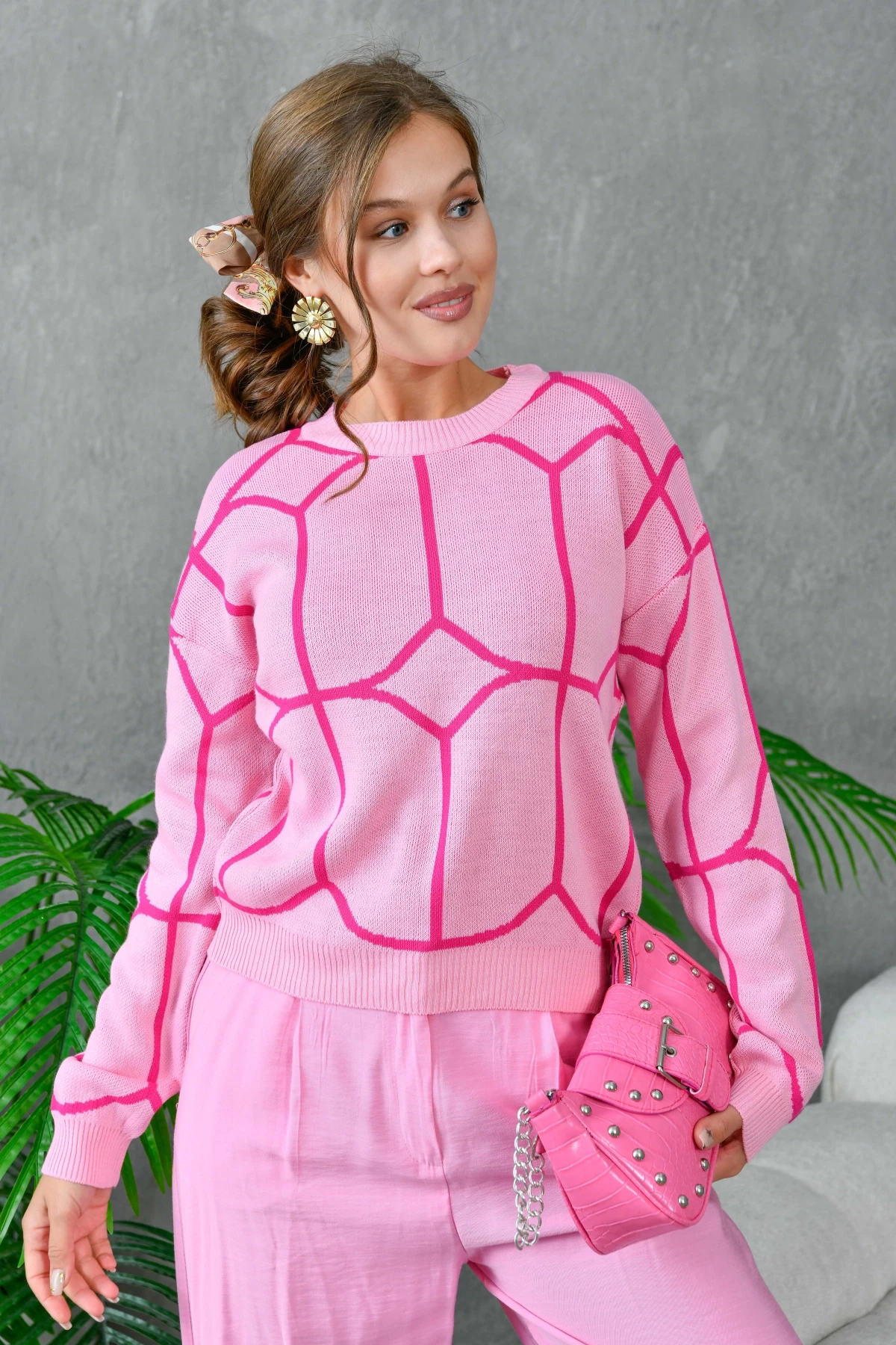 Kadın Bisiklet Yaka Desenli Triko Kazak