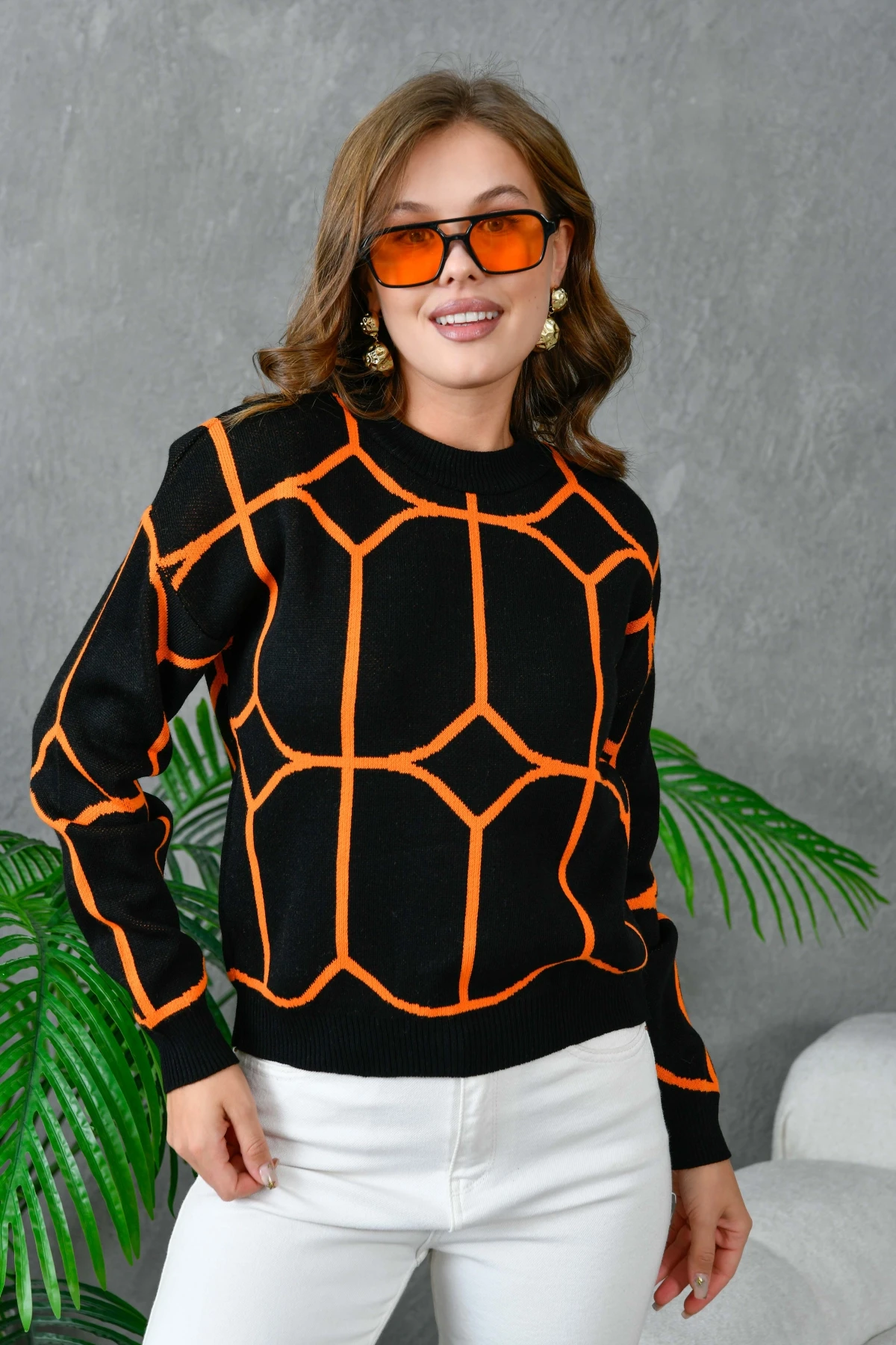 Kadın Bisiklet Yaka Desenli Triko Kazak