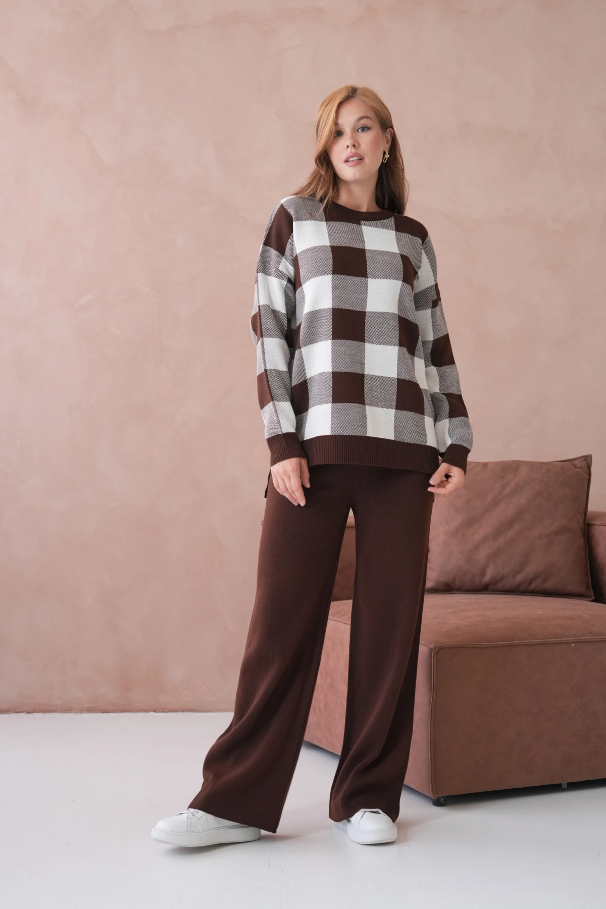 Kadın Bisiklet Yaka Desenli Yırtmaçlı Salaş Kazak Pantolon İkili Triko Takım