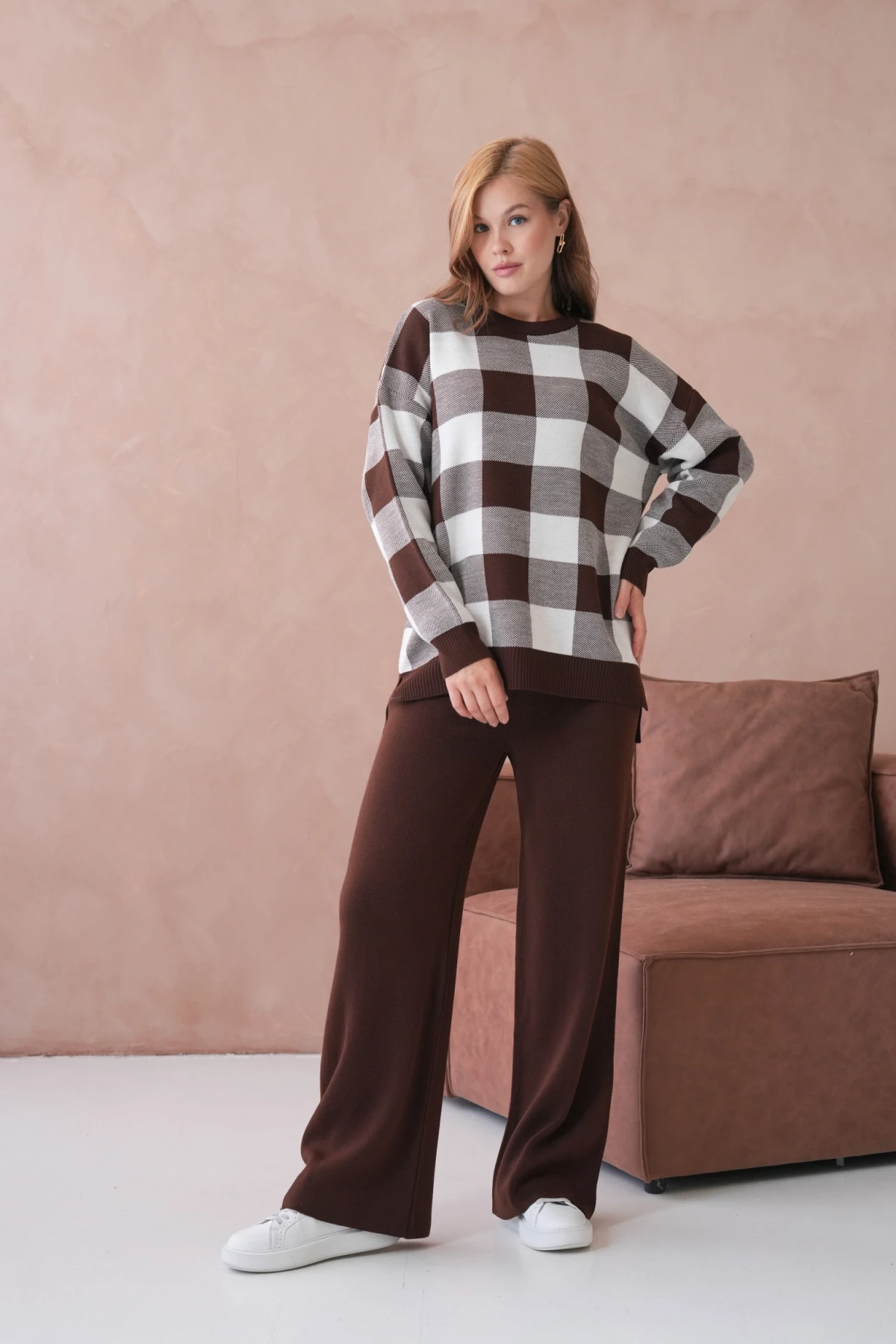 Kadın Bisiklet Yaka Desenli Yırtmaçlı Salaş Kazak Pantolon İkili Triko Takım