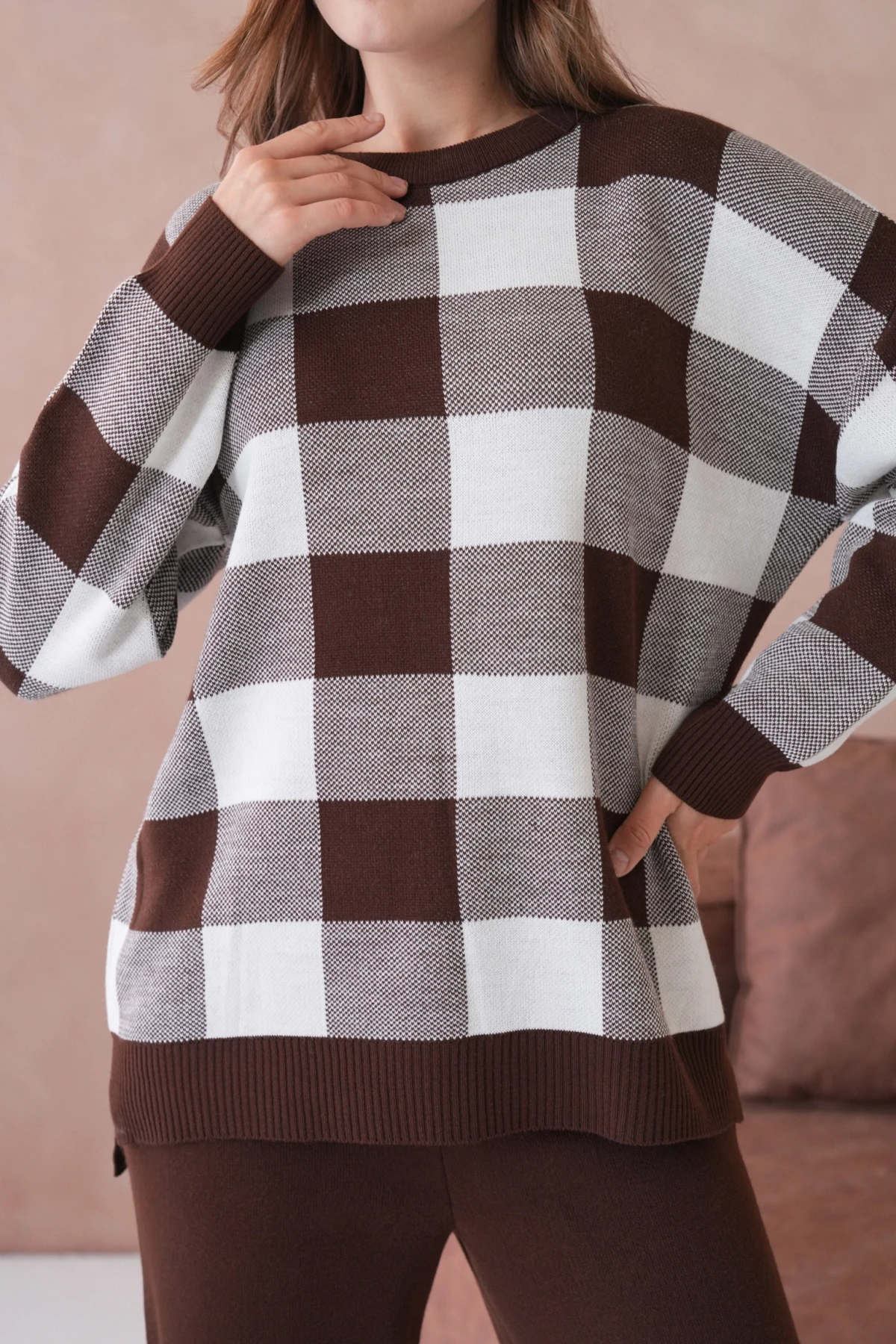 Kadın Bisiklet Yaka Desenli Yırtmaçlı Salaş Kazak Pantolon İkili Triko Takım