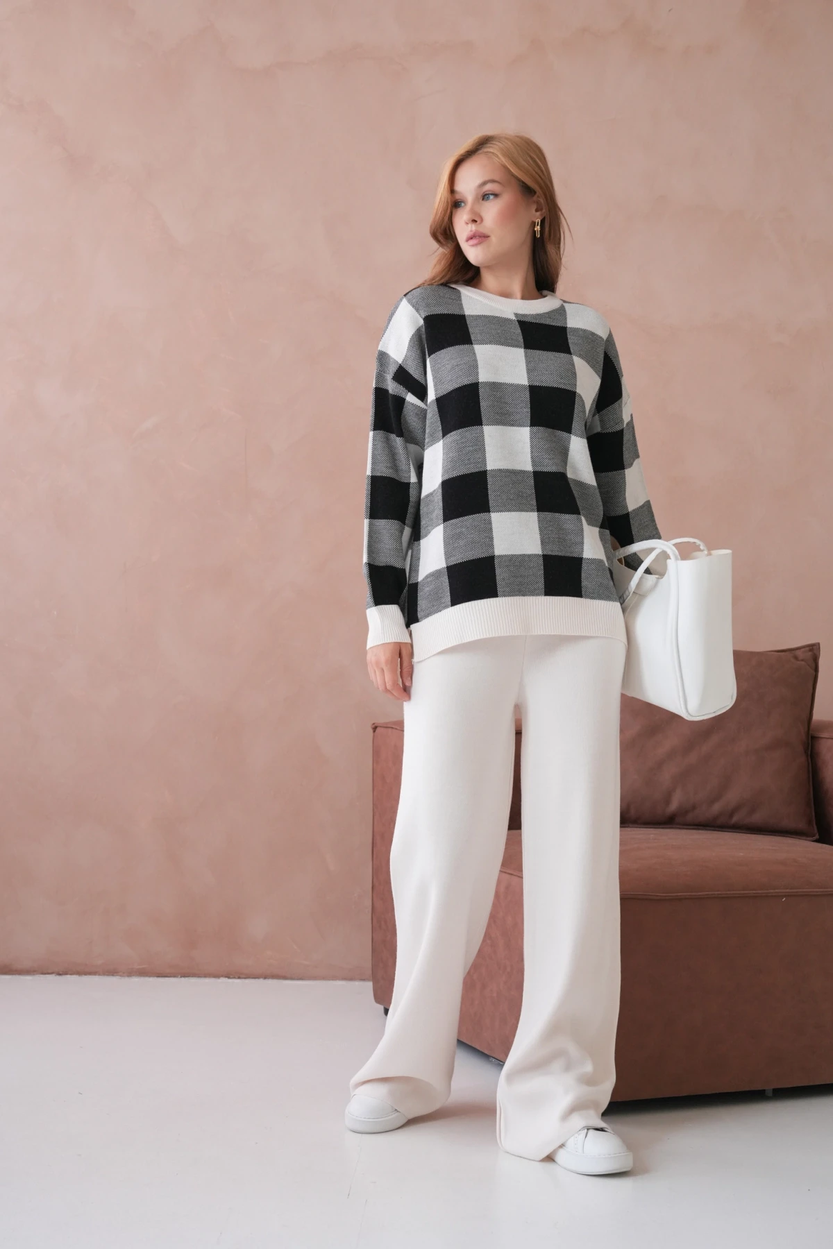 Kadın Bisiklet Yaka Desenli Yırtmaçlı Salaş Kazak Pantolon İkili Triko Takım