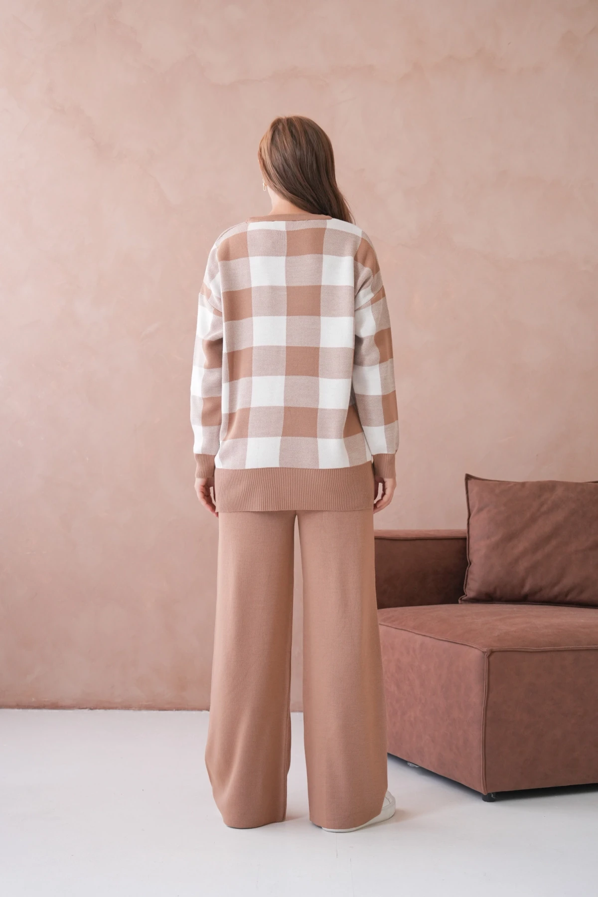 Kadın Bisiklet Yaka Desenli Yırtmaçlı Salaş Kazak Pantolon İkili Triko Takım