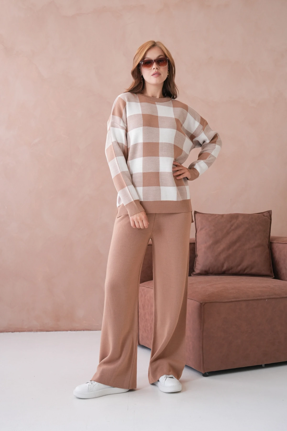 Kadın Bisiklet Yaka Desenli Yırtmaçlı Salaş Kazak Pantolon İkili Triko Takım