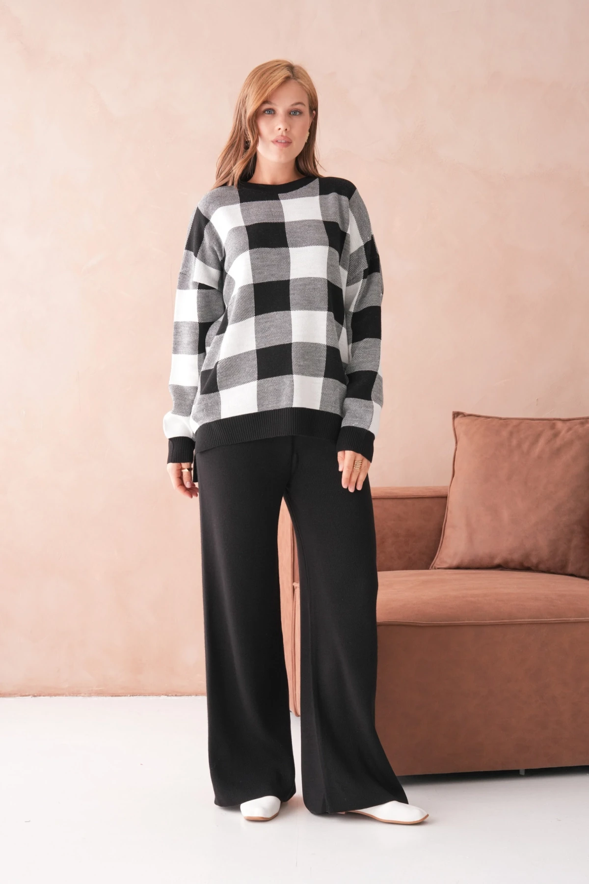 Kadın Bisiklet Yaka Desenli Yırtmaçlı Salaş Kazak Pantolon İkili Triko Takım