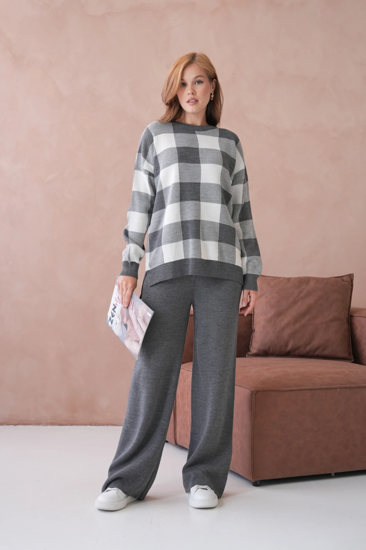 Kadın Bisiklet Yaka Desenli Yırtmaçlı Salaş Kazak Pantolon İkili Triko Takım