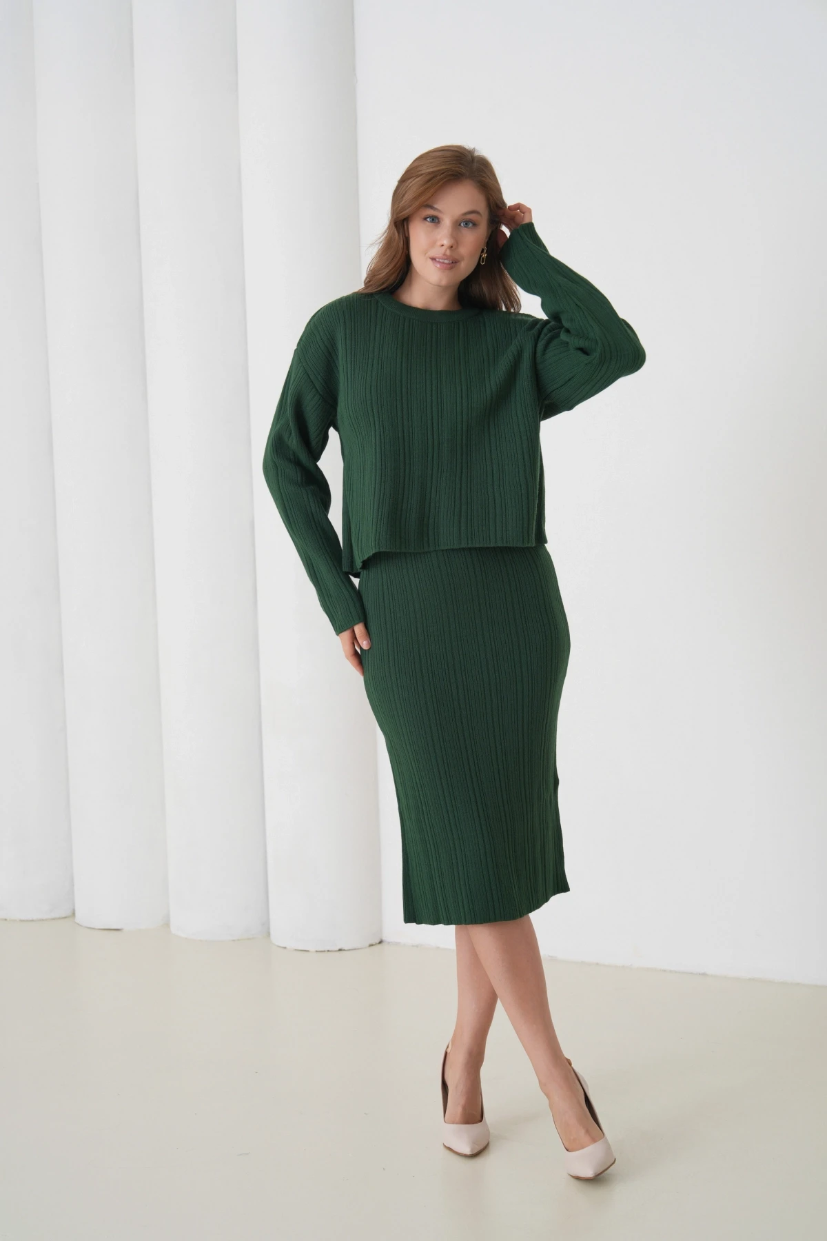 Kadın Bisiklet Yaka Dokulu Kazak Elbise İkili Triko Takım