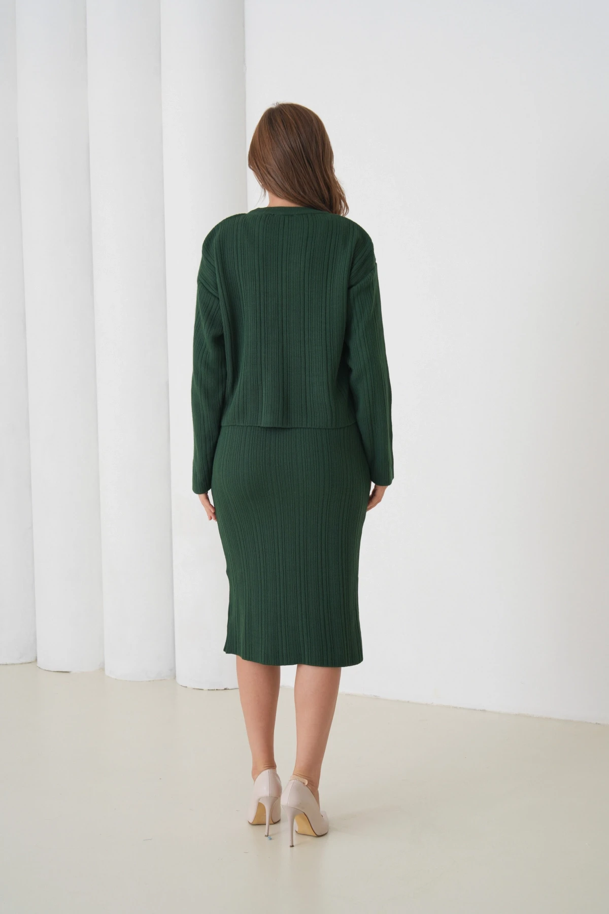 Kadın Bisiklet Yaka Dokulu Kazak Elbise İkili Triko Takım