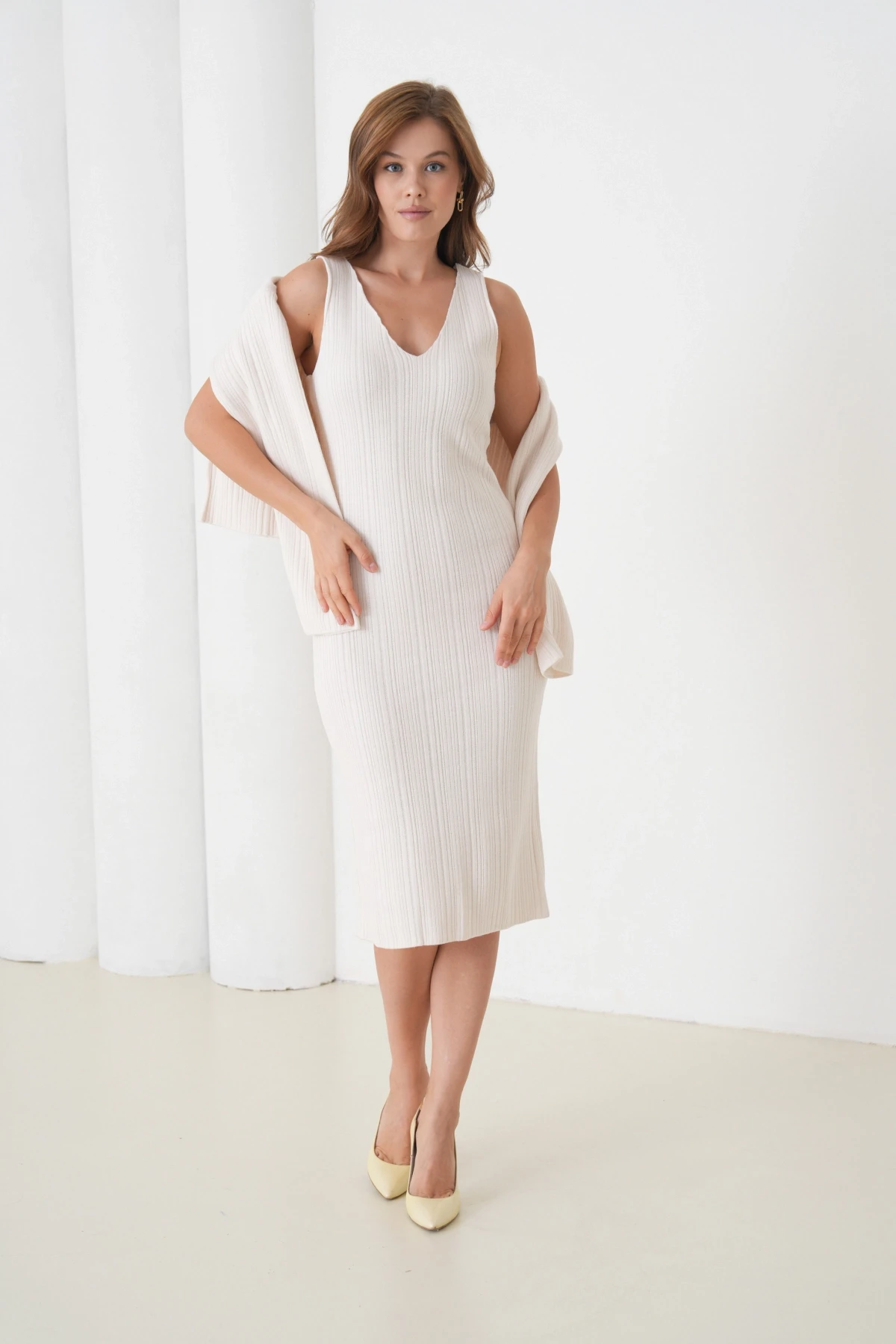 Kadın Bisiklet Yaka Dokulu Kazak Elbise İkili Triko Takım