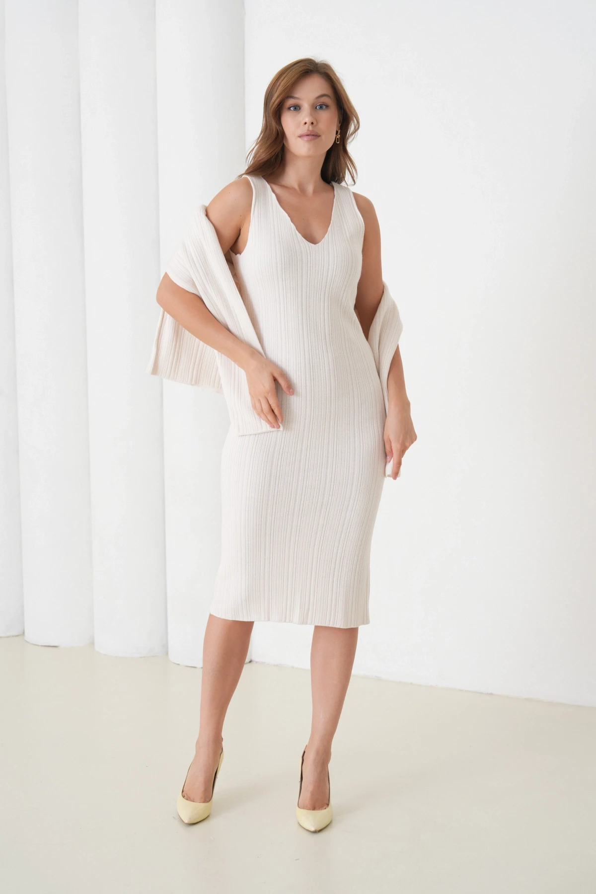 Kadın Bisiklet Yaka Dokulu Kazak Elbise İkili Triko Takım