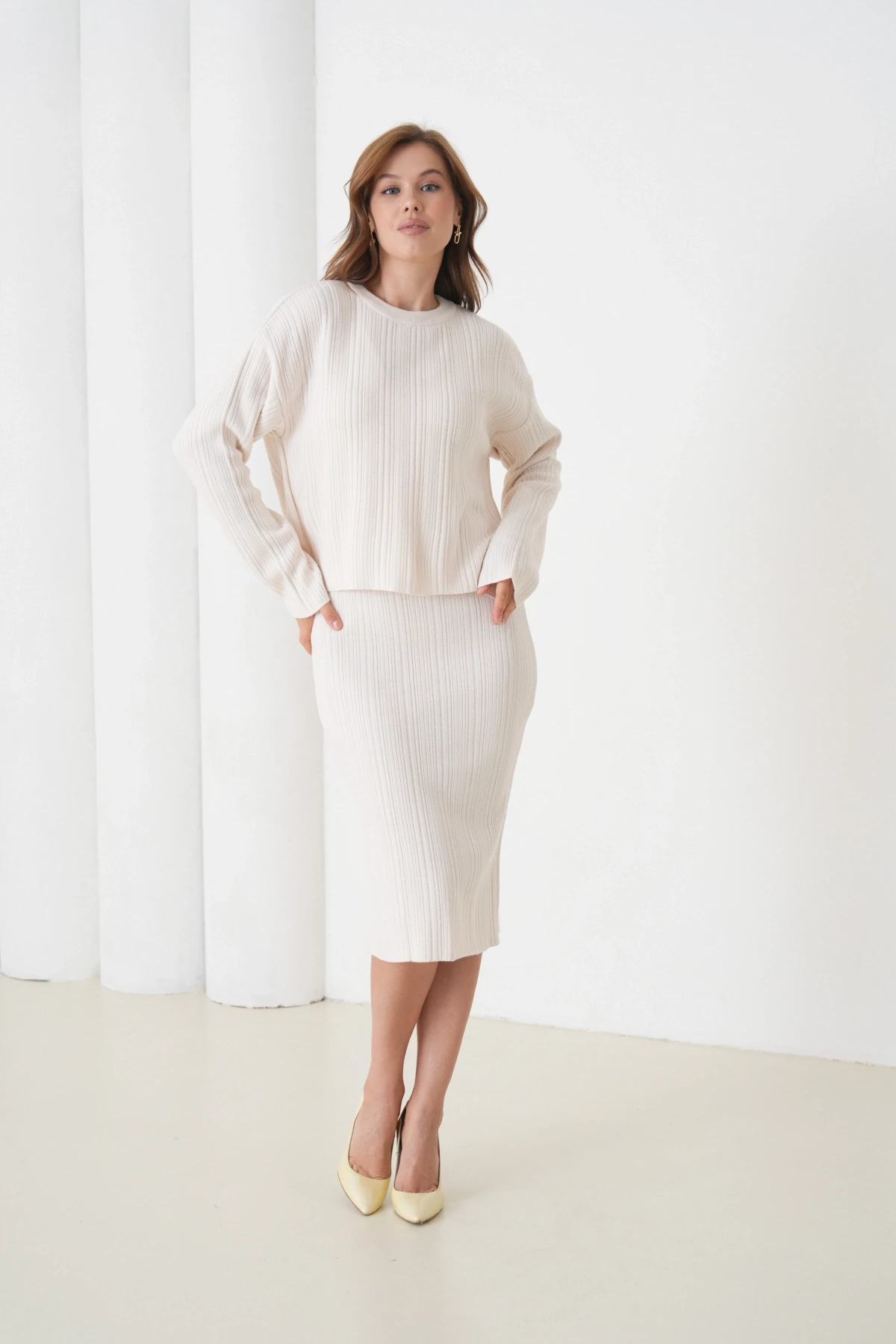 Kadın Bisiklet Yaka Dokulu Kazak Elbise İkili Triko Takım