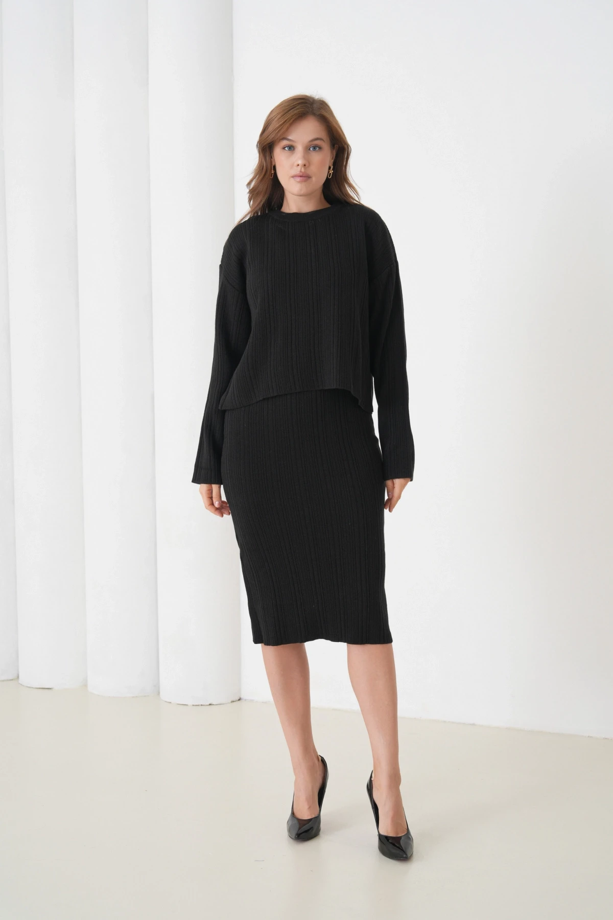 Kadın Bisiklet Yaka Dokulu Kazak Elbise İkili Triko Takım