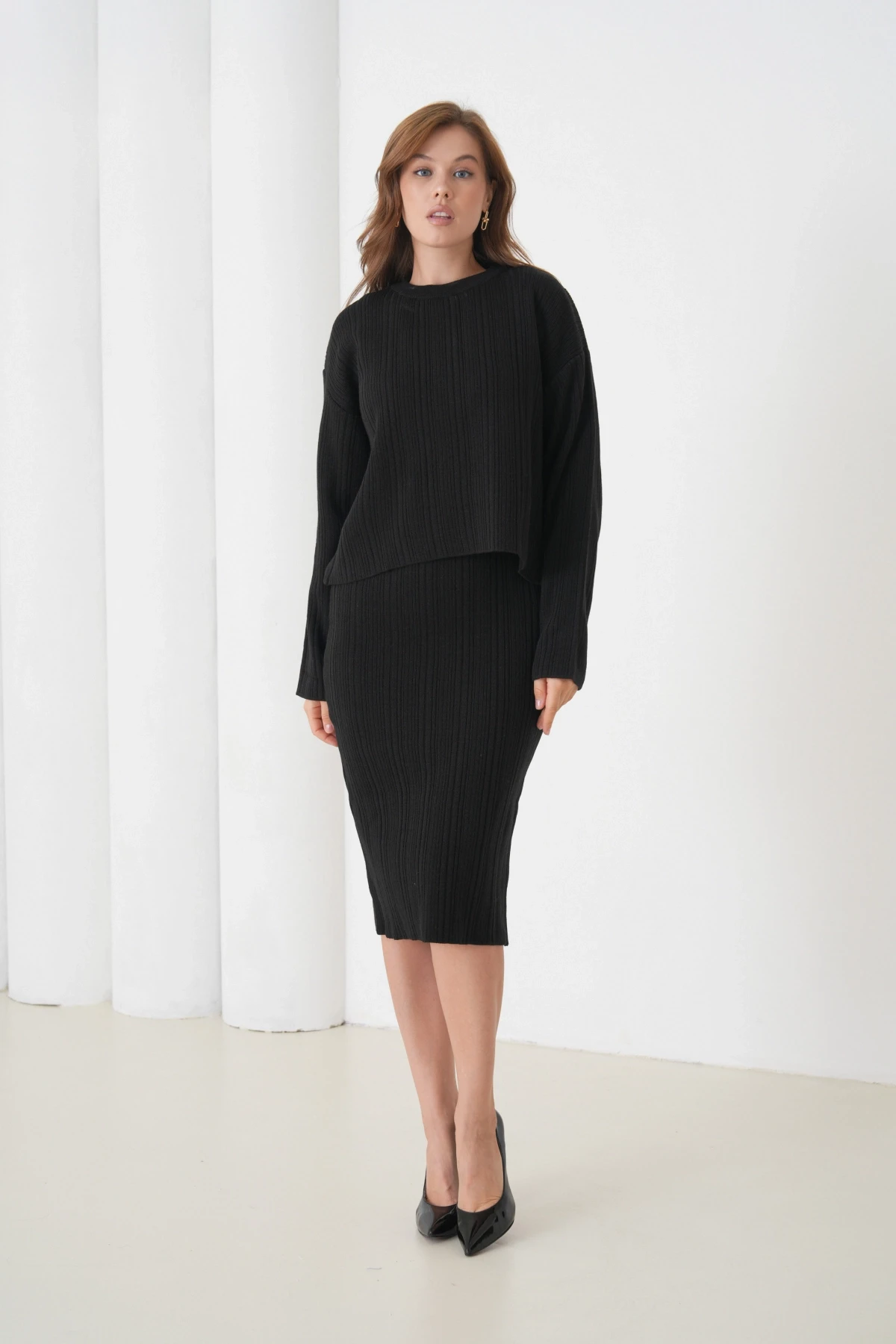 Kadın Bisiklet Yaka Dokulu Kazak Elbise İkili Triko Takım