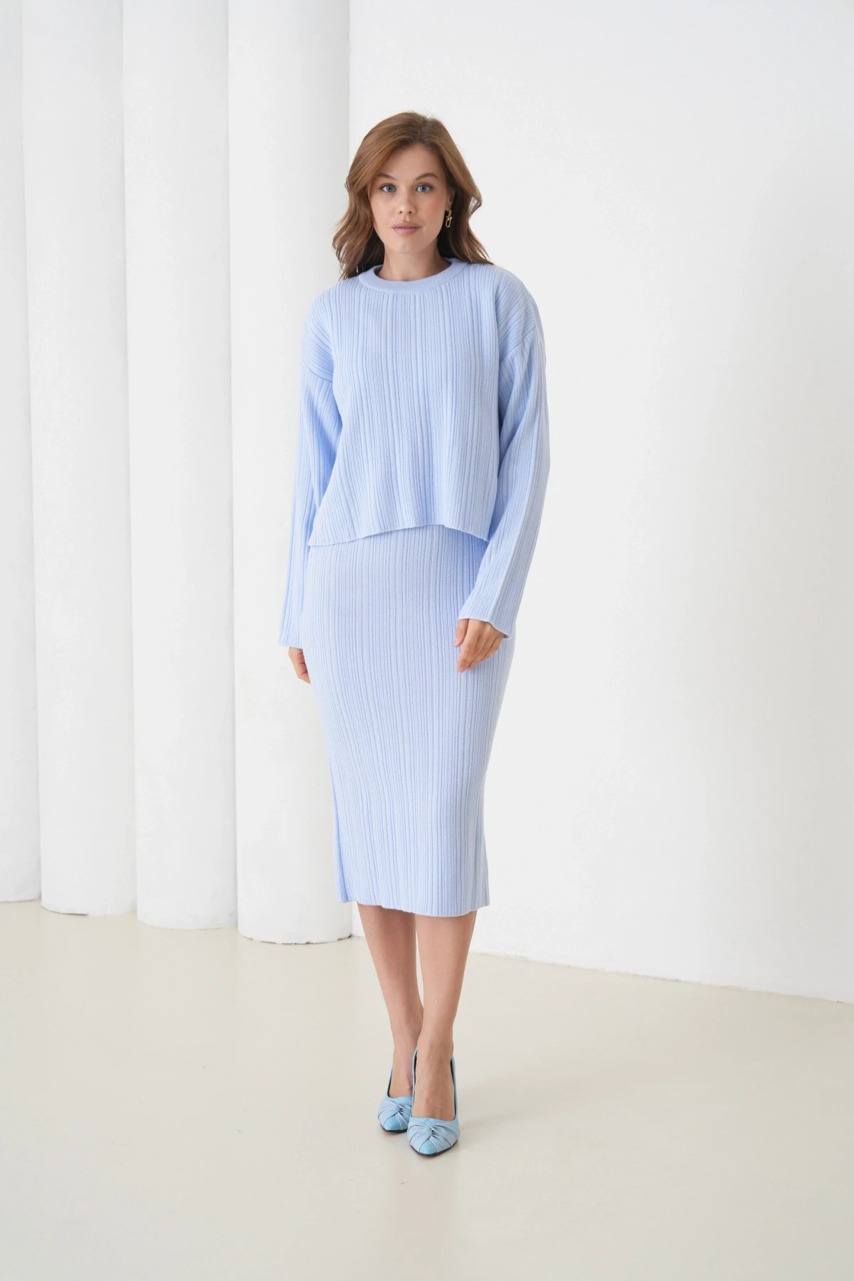 Kadın Bisiklet Yaka Dokulu Kazak Elbise İkili Triko Takım