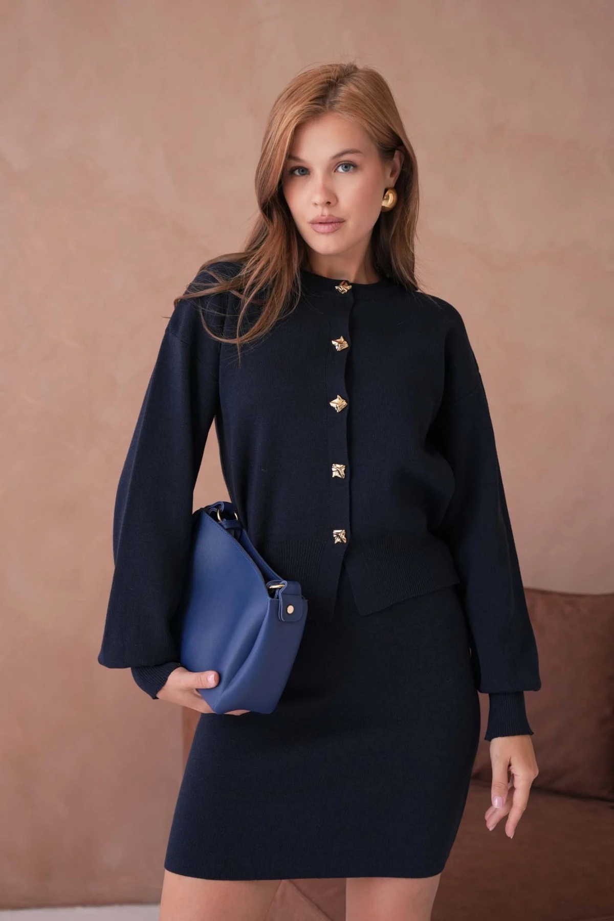 Kadın Bisiklet Yaka Düğme Detay Ceket Kısa Etek İkili Triko Takım