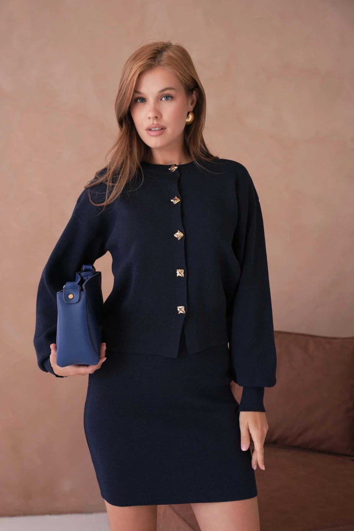 Kadın Bisiklet Yaka Düğme Detay Ceket Kısa Etek İkili Triko Takım