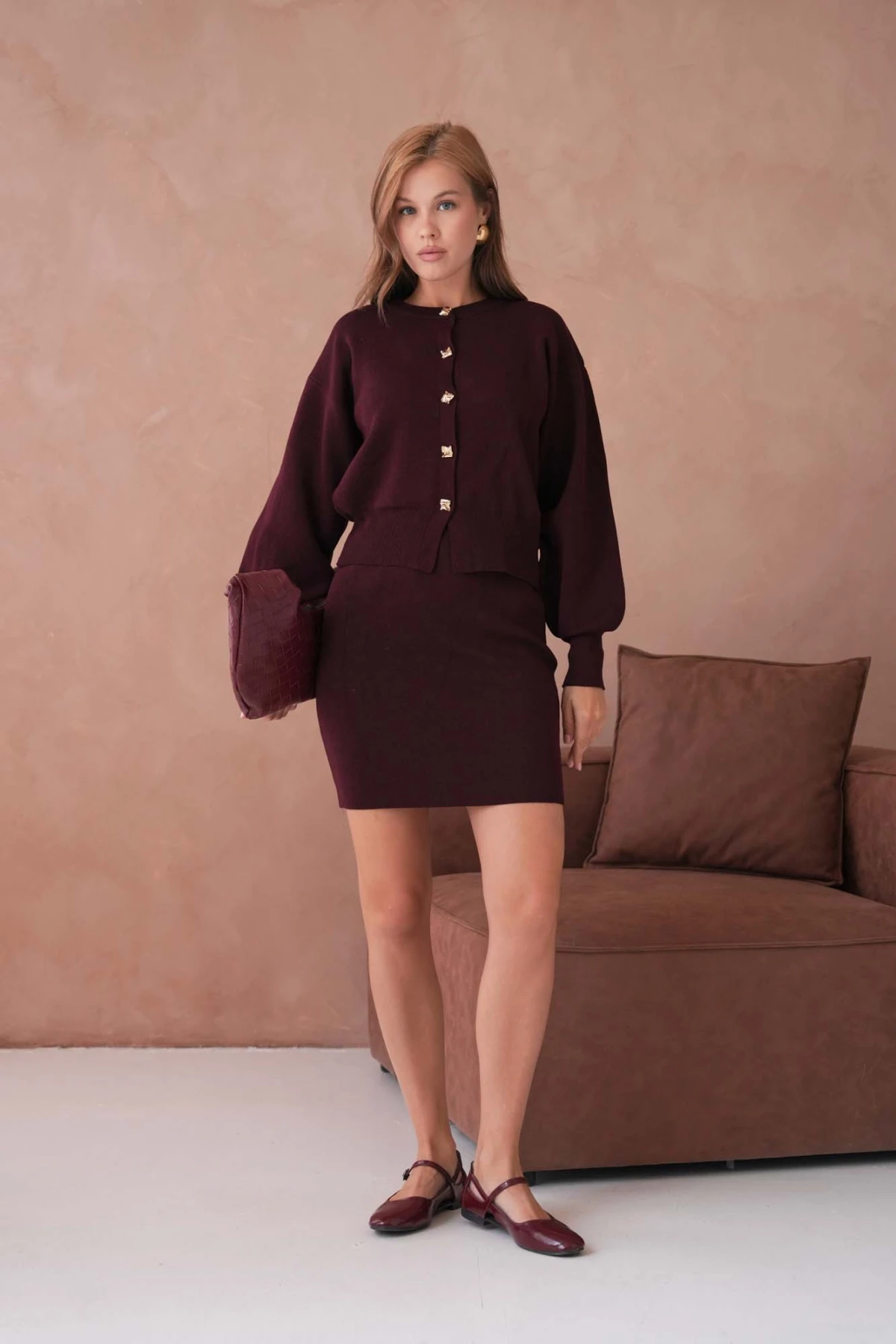 Kadın Bisiklet Yaka Düğme Detay Ceket Kısa Etek İkili Triko Takım