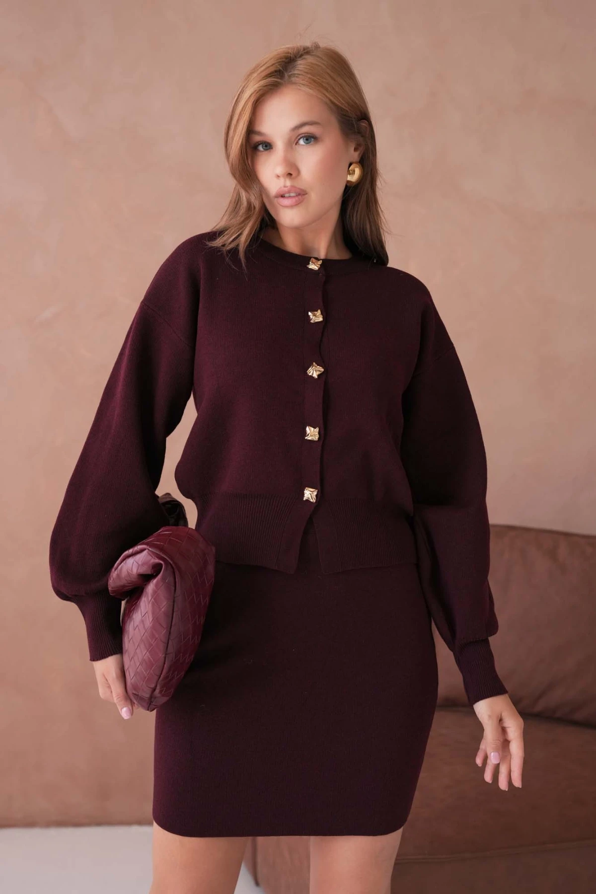 Kadın Bisiklet Yaka Düğme Detay Ceket Kısa Etek İkili Triko Takım