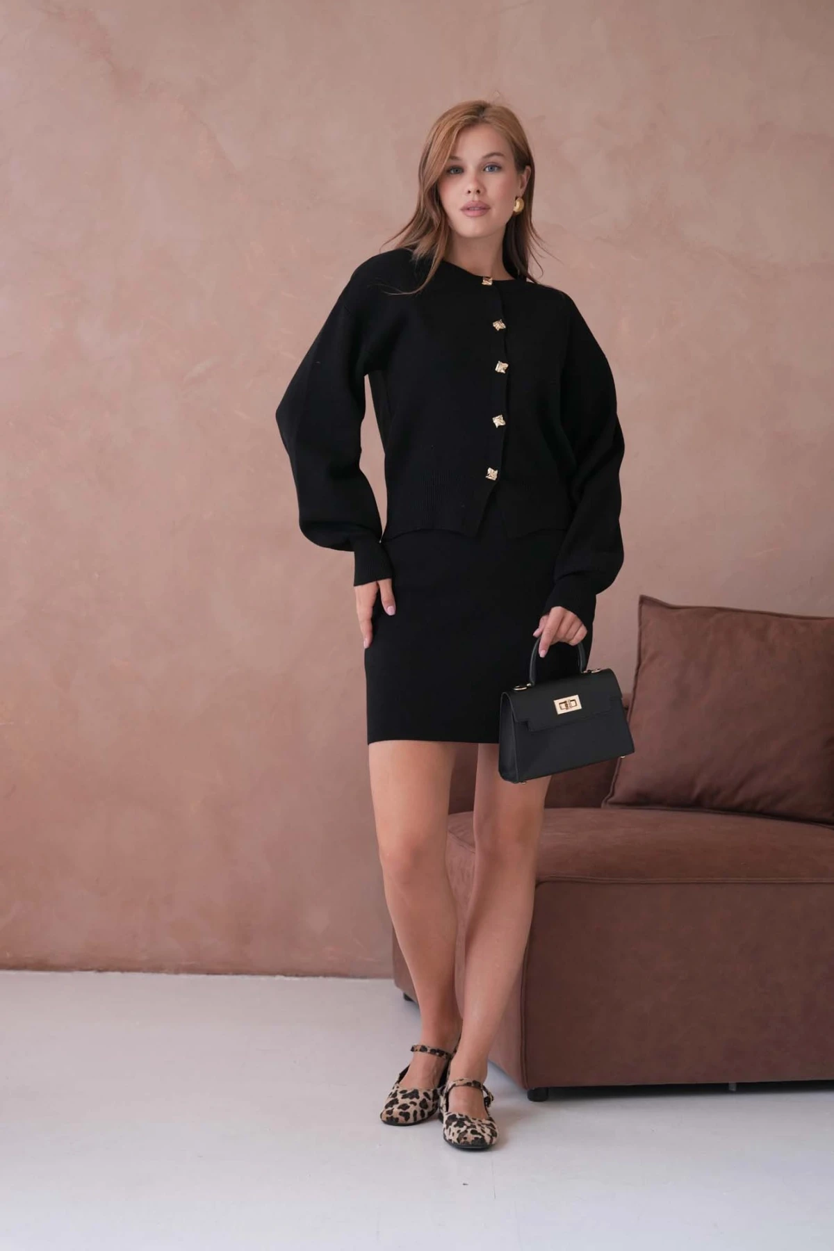 Kadın Bisiklet Yaka Düğme Detay Ceket Kısa Etek İkili Triko Takım