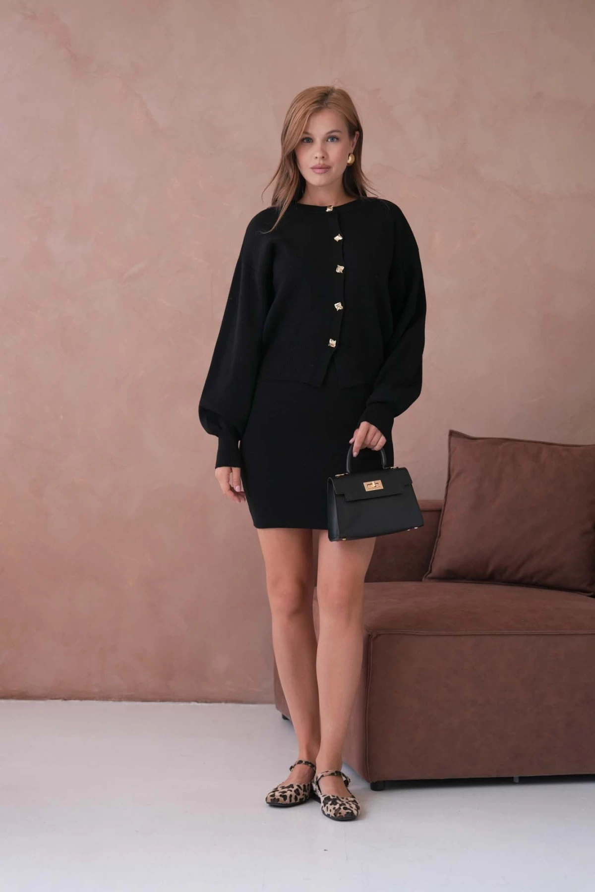 Kadın Bisiklet Yaka Düğme Detay Ceket Kısa Etek İkili Triko Takım