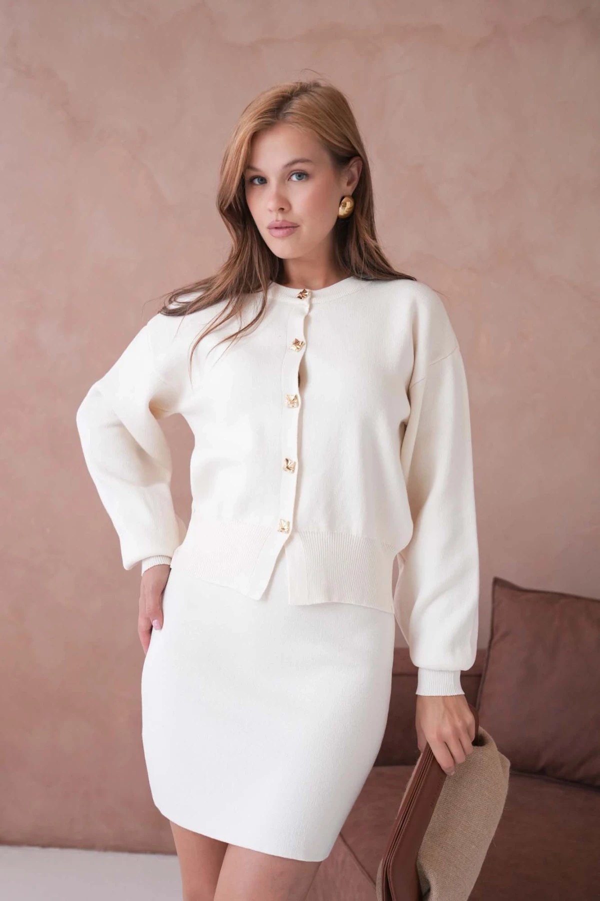 Kadın Bisiklet Yaka Düğme Detay Ceket Kısa Etek İkili Triko Takım