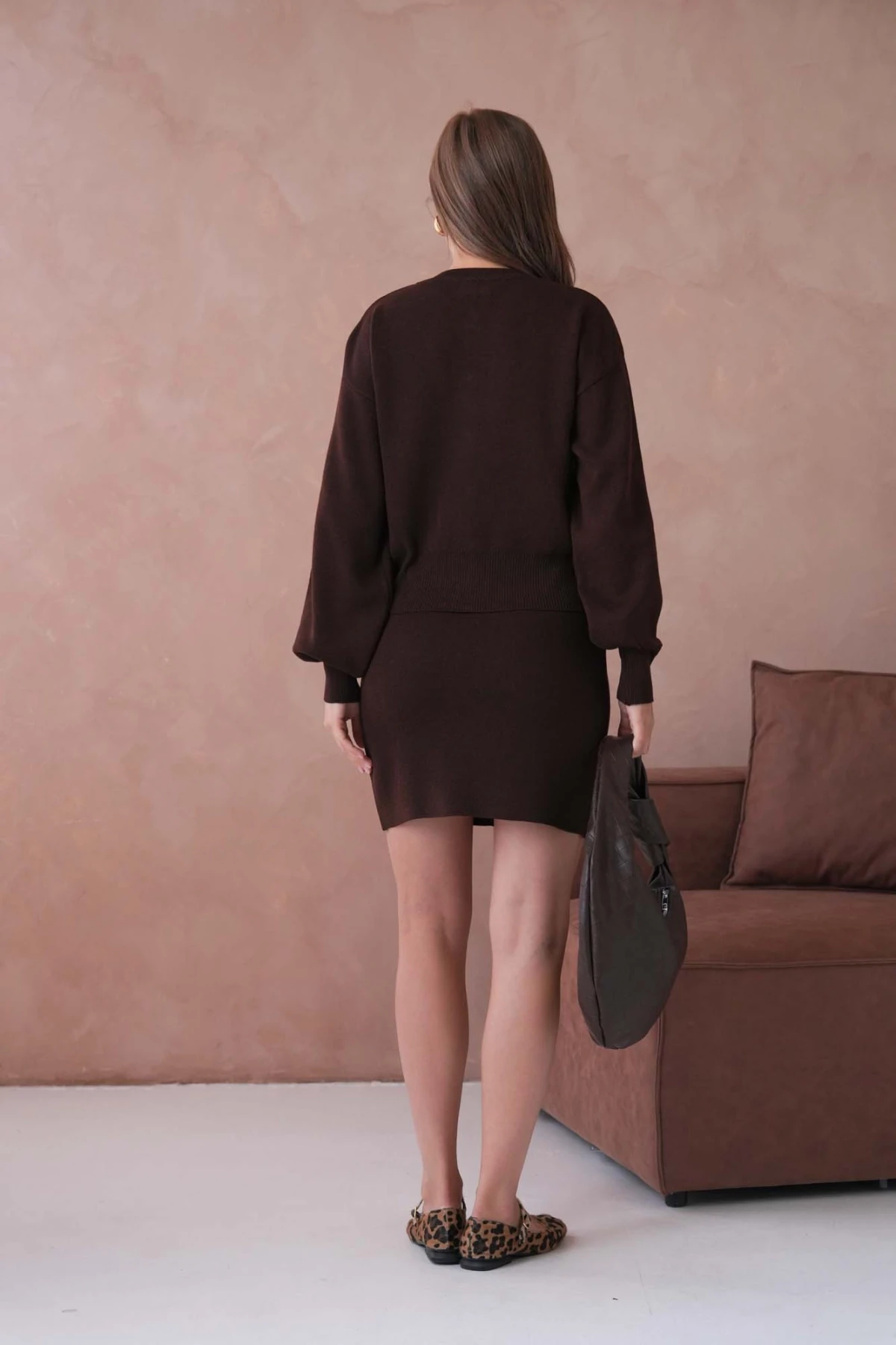 Kadın Bisiklet Yaka Düğme Detay Ceket Kısa Etek İkili Triko Takım