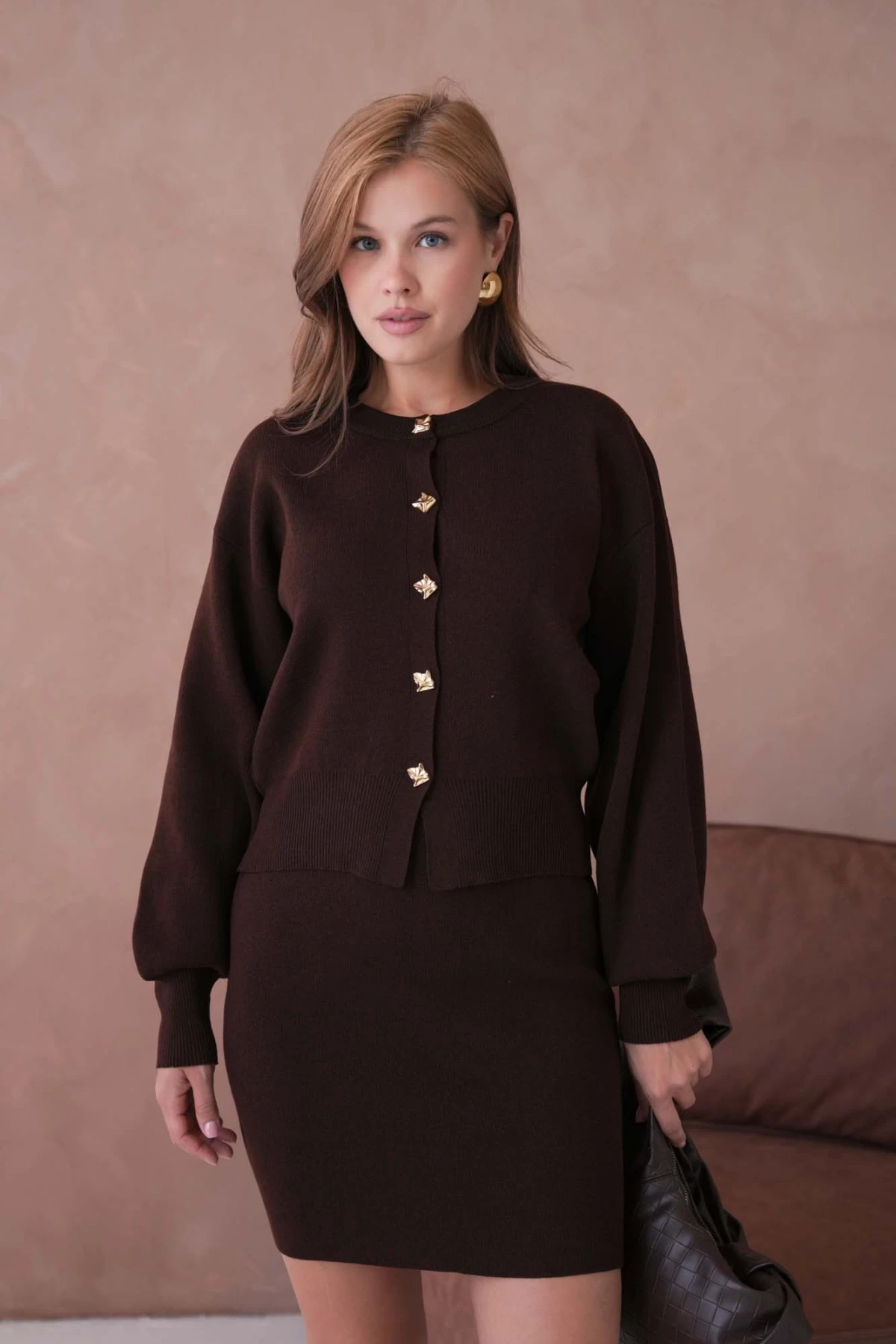 Kadın Bisiklet Yaka Düğme Detay Ceket Kısa Etek İkili Triko Takım