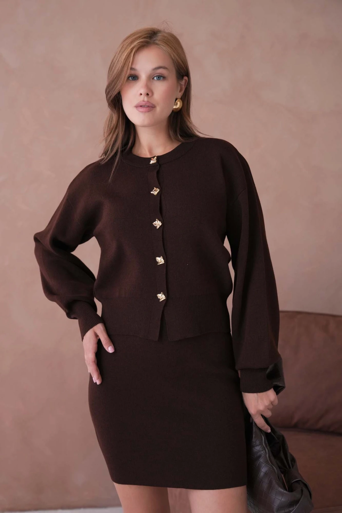 Kadın Bisiklet Yaka Düğme Detay Ceket Kısa Etek İkili Triko Takım