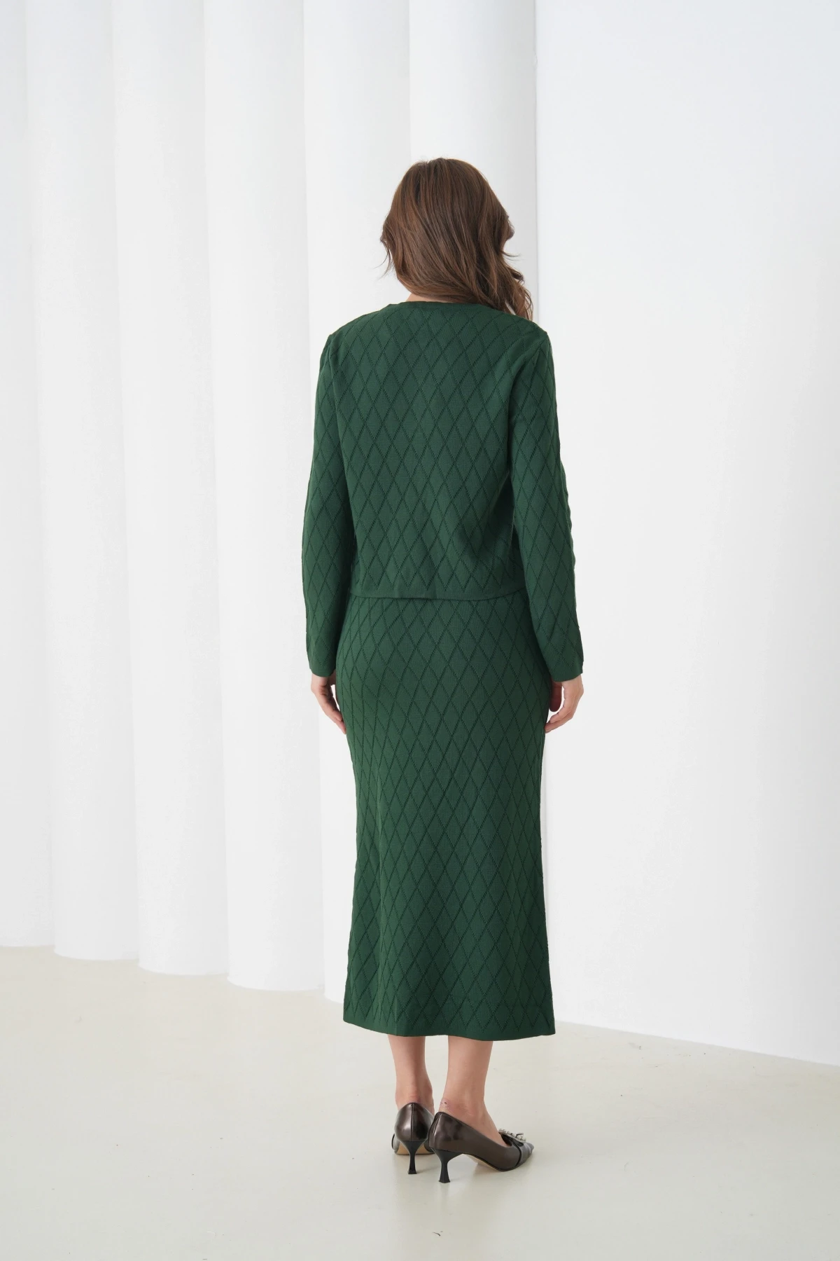 Kadın Bisiklet Yaka Düğme Detay Desenli Ceket Etek İkili Triko Takım